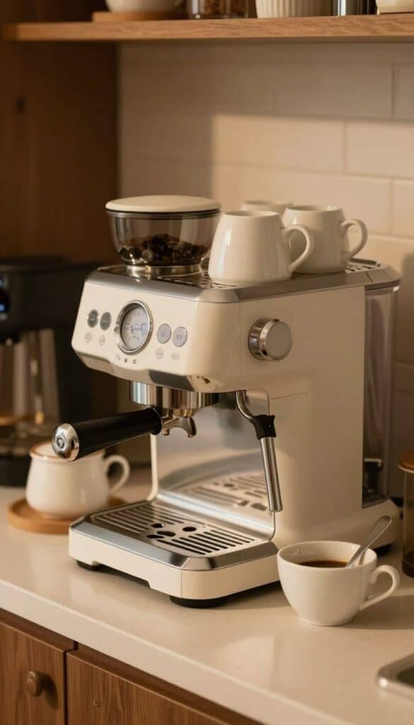 compact espresso machine coffee station with stacked cups in small kitchen