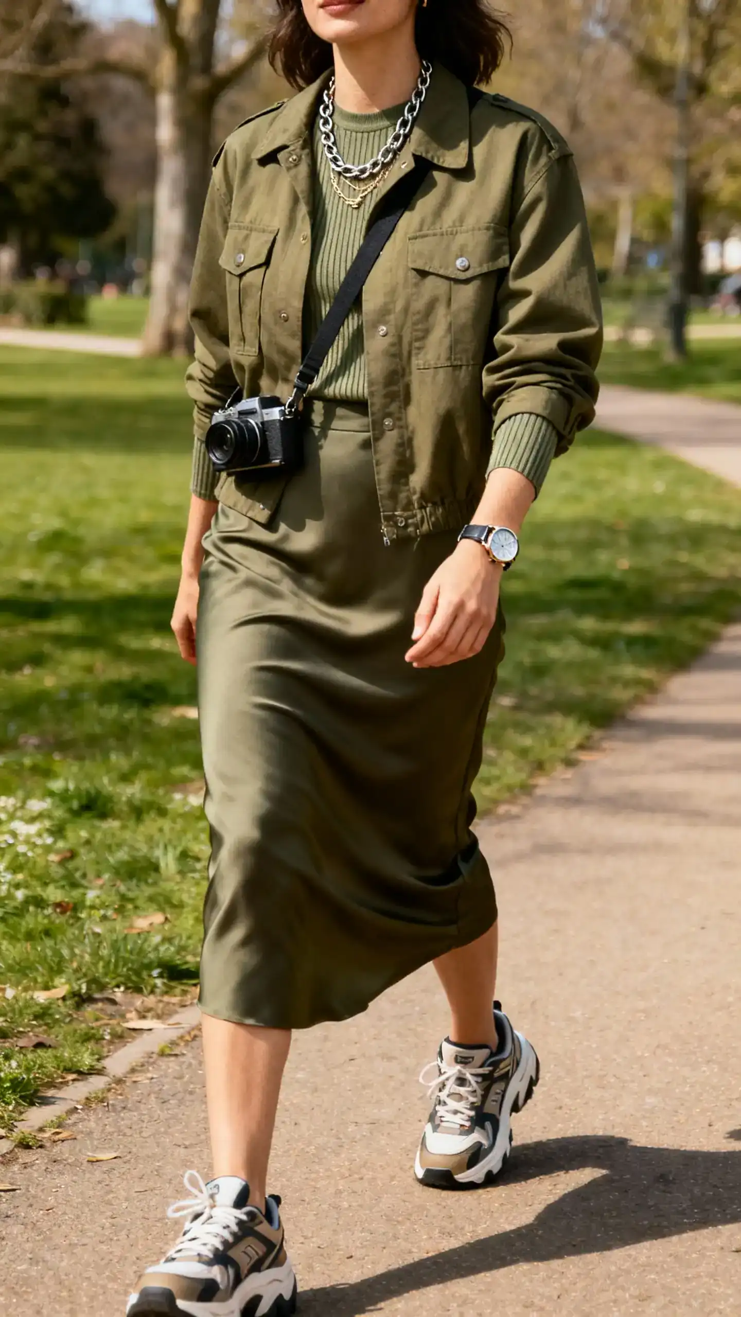 A woman in an olive utility jacket with a bias-cut slip skirt, ribbed long-sleeve tee, chunky retro sneakers, crossbody camera bag, layered chain necklaces, and a watch, strolling along a park path, candid angle, casual iPhone photo style, sunny day, outdoor setting.