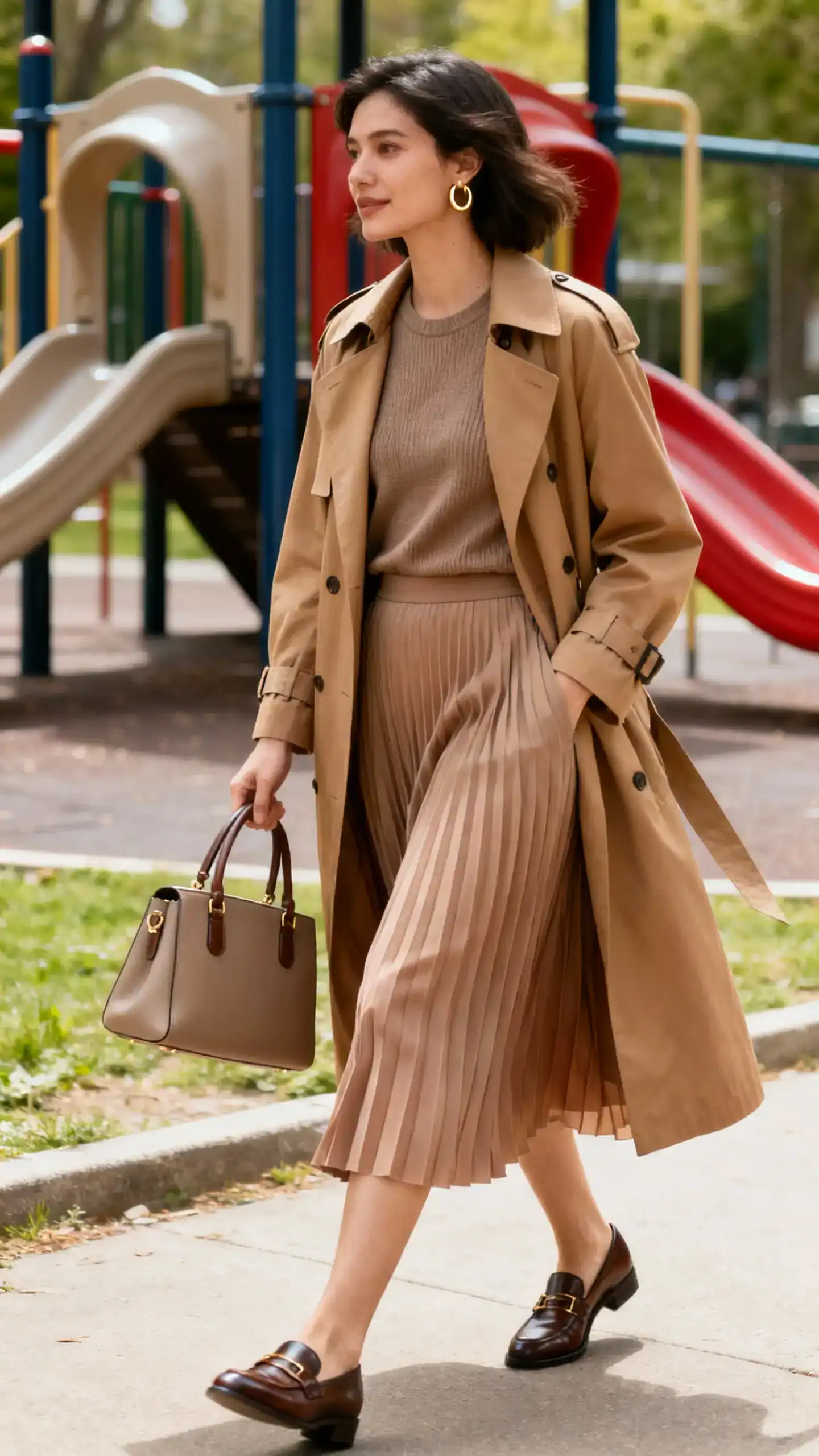 A woman wearing a camel trench coat over a flowy pleated midi skirt with a fitted knit tee, classic loafers, a structured top-handle bag, and minimal gold hoops, walking past a playground, casual iPhone photo style, natural daylight, outdoor setting.