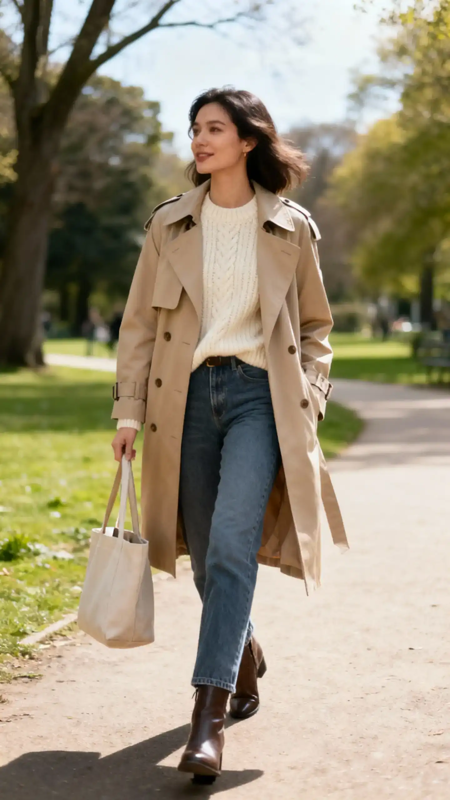 A woman wearing a classic beige trench coat over a soft cream knit sweater, straight-leg jeans, ankle boots, and a simple tote, strolling through a park path, casual iPhone photo style, natural daylight, outdoor setting.