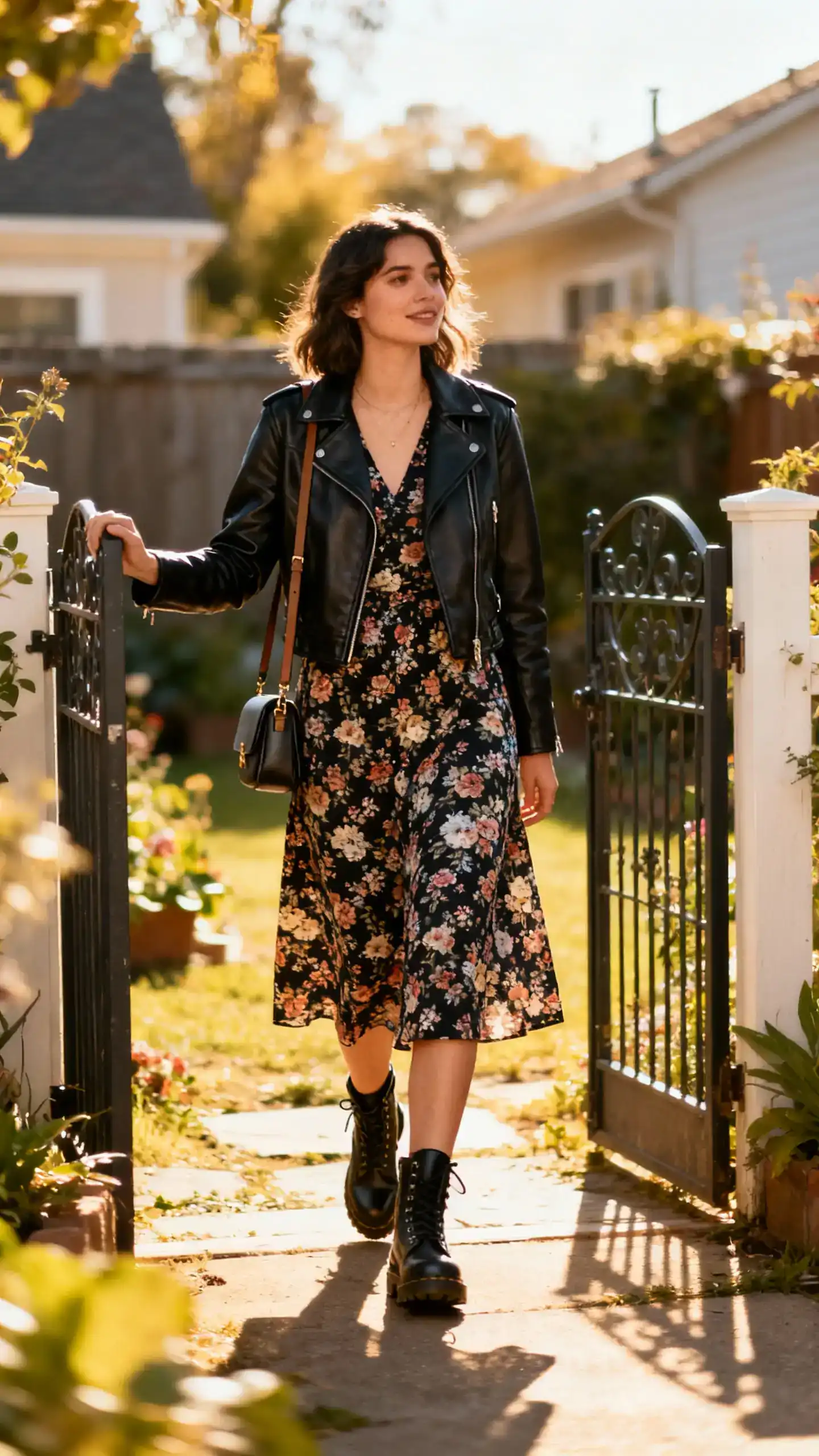 A woman wearing a floral midi dress with a black leather jacket, combat boots, and a small shoulder bag, standing near a backyard garden gate, casual iPhone photo style, sunny day, outdoor setting.