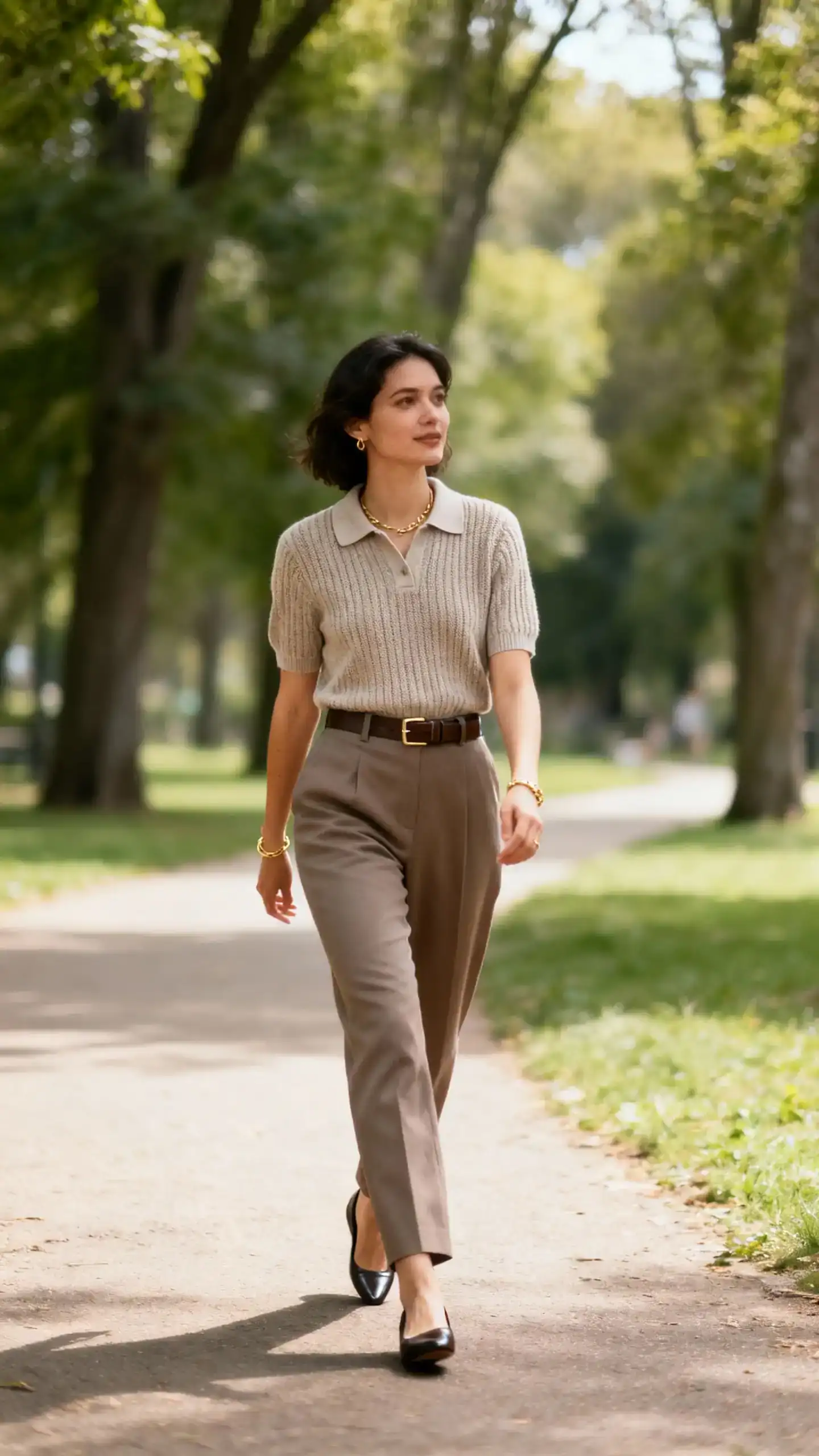 A woman wearing a knit polo tucked into tailored trousers with belt, sleek flats, and subtle gold jewelry, strolling along a tree-lined park path, casual iPhone photo style, natural daylight, outdoor setting.