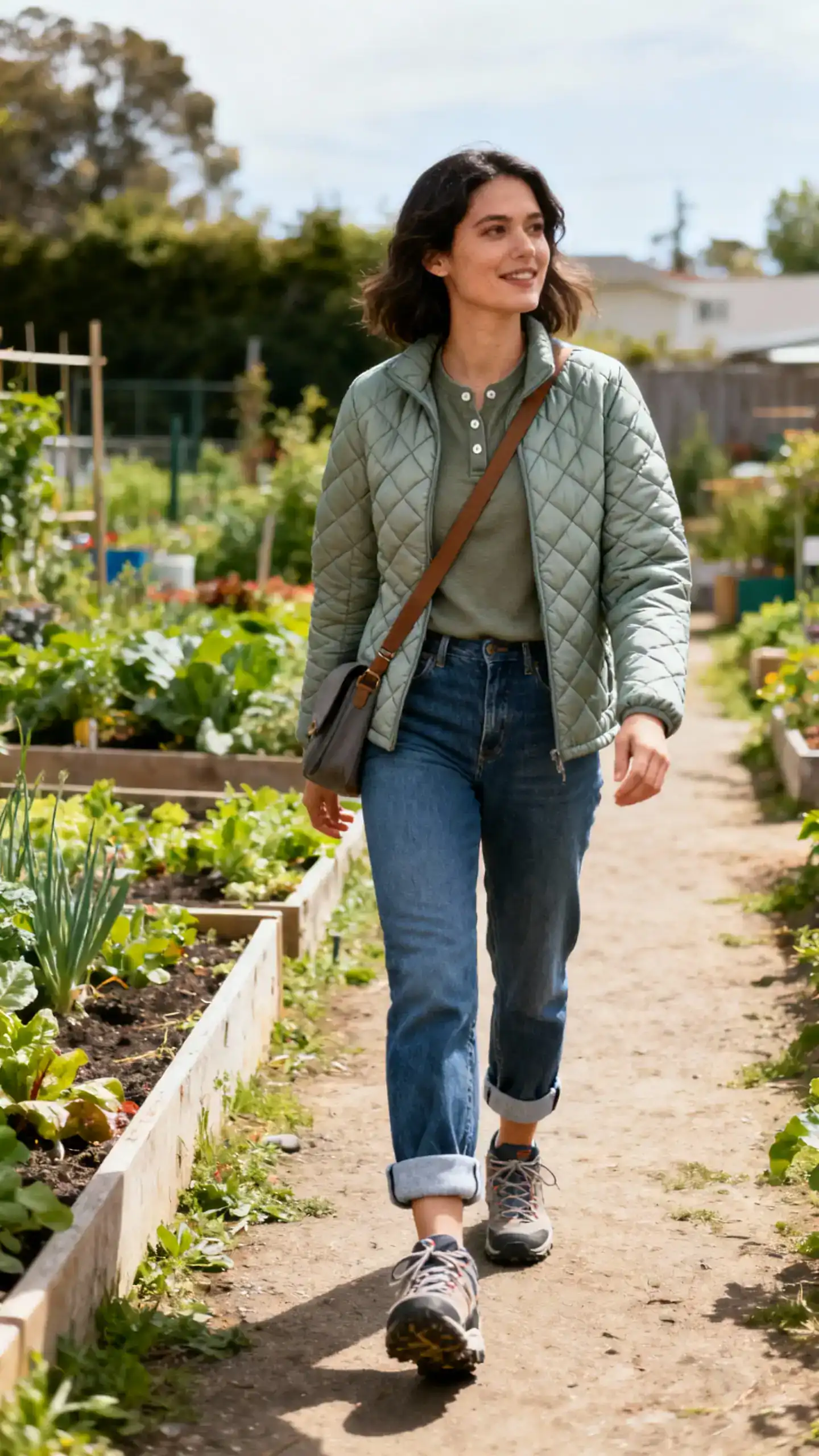 A woman wearing a lightweight quilted liner jacket over a henley with barrel jeans, trail sneakers, and crossbody, walking a path by community gardens, casual iPhone photo style, natural daylight, outdoor setting.