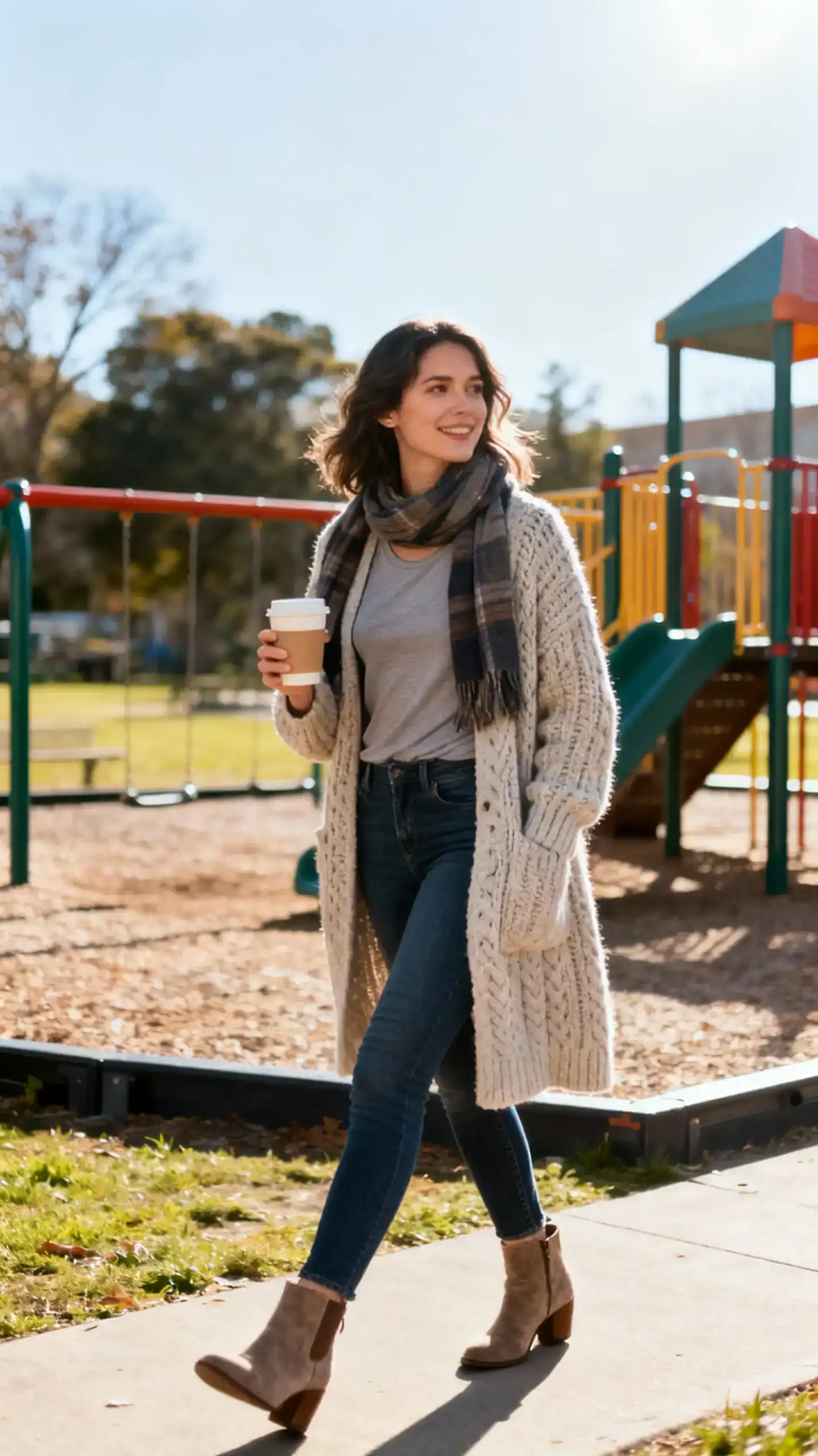 A woman wearing a longline chunky cardigan over a fitted tee, slim jeans, suede ankle boots, and a scarf, walking past a playground with coffee in hand, casual iPhone photo style, sunny day, outdoor setting.