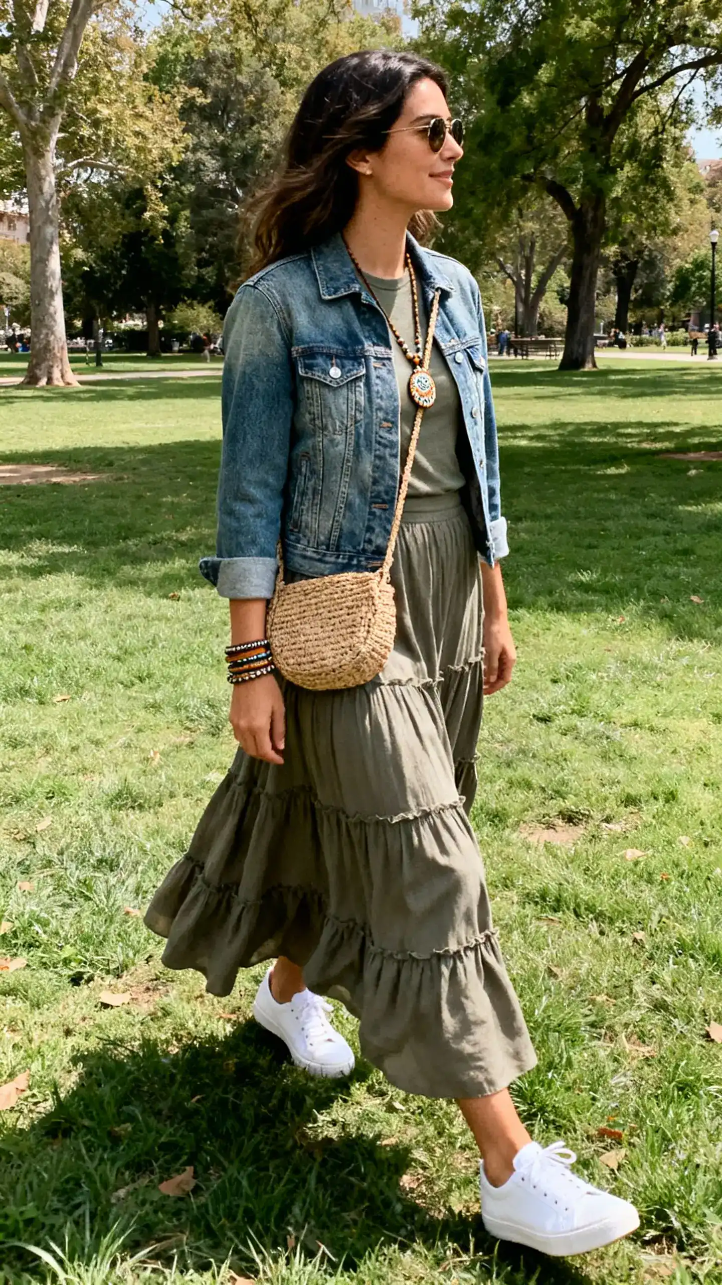 A woman wearing a mid-wash denim jacket over a tiered maxi skirt with a fitted tee, white low-top sneakers, a woven crossbody bag, a boho pendant necklace, and stacked bracelets, walking through a park lawn, candid side angle, casual iPhone photo style, natural daylight, outdoor setting.