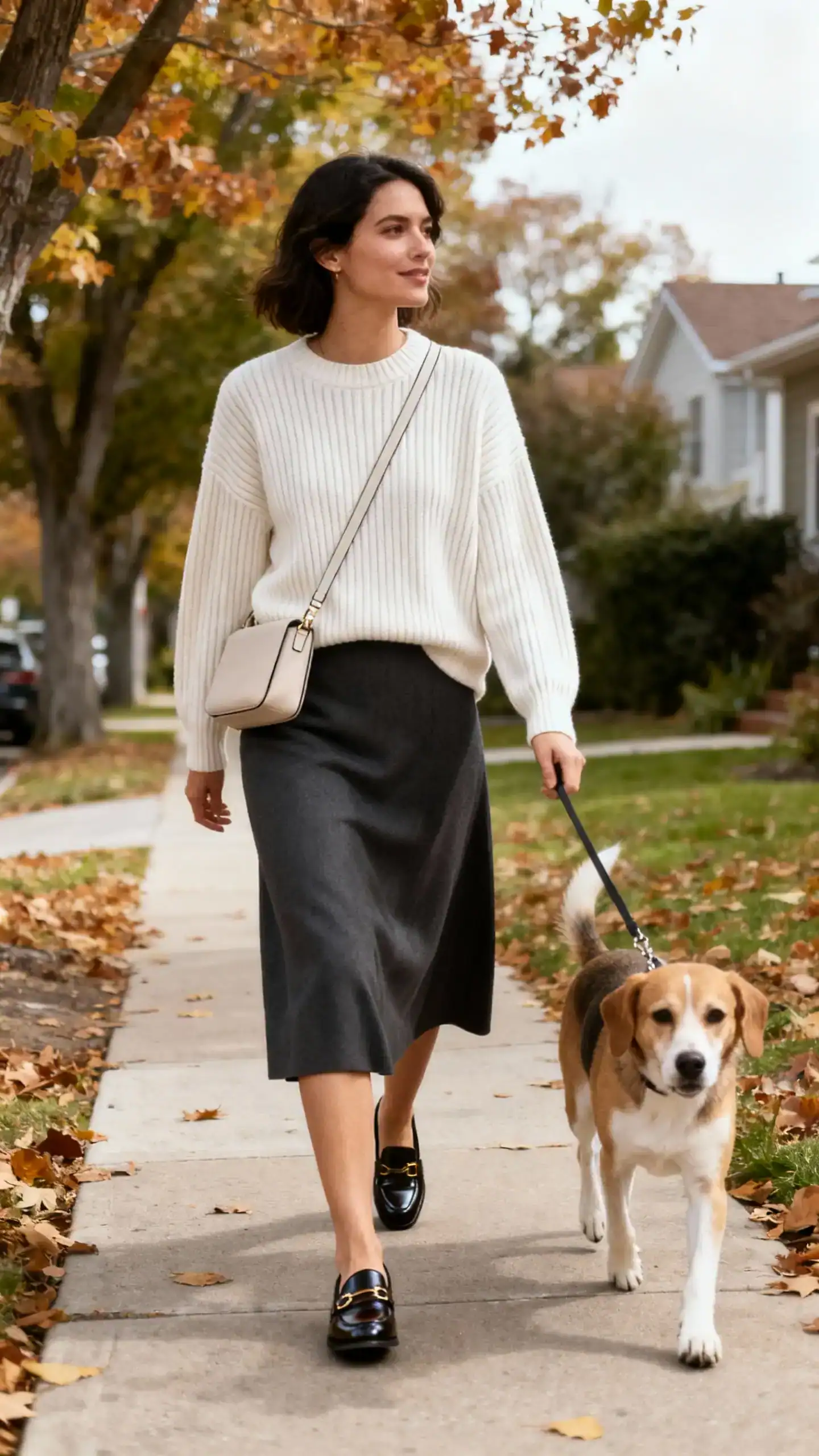 A woman wearing a monochrome ribbed knit set (matching sweater and midi skirt) with sleek loafers and a minimal crossbody, walking her dog along a leafy neighborhood sidewalk, casual iPhone photo style, natural daylight, outdoor setting.