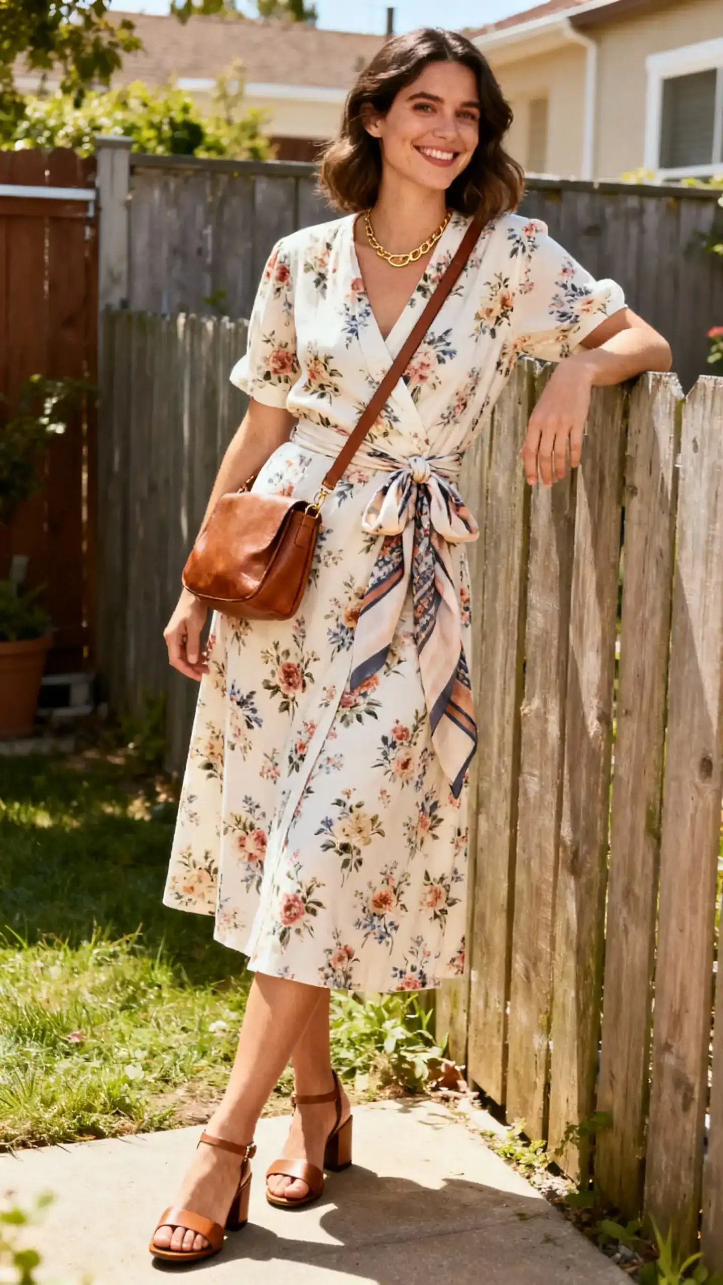 A woman wearing a Roman-holiday midi wrap dress in floral print, low block-heel sandals, crossbody leather bag, lightweight scarf tied to the strap, subtle gold necklace, smiling while leaning on a backyard fence, casual iPhone photo, sunny day, outdoor setting.