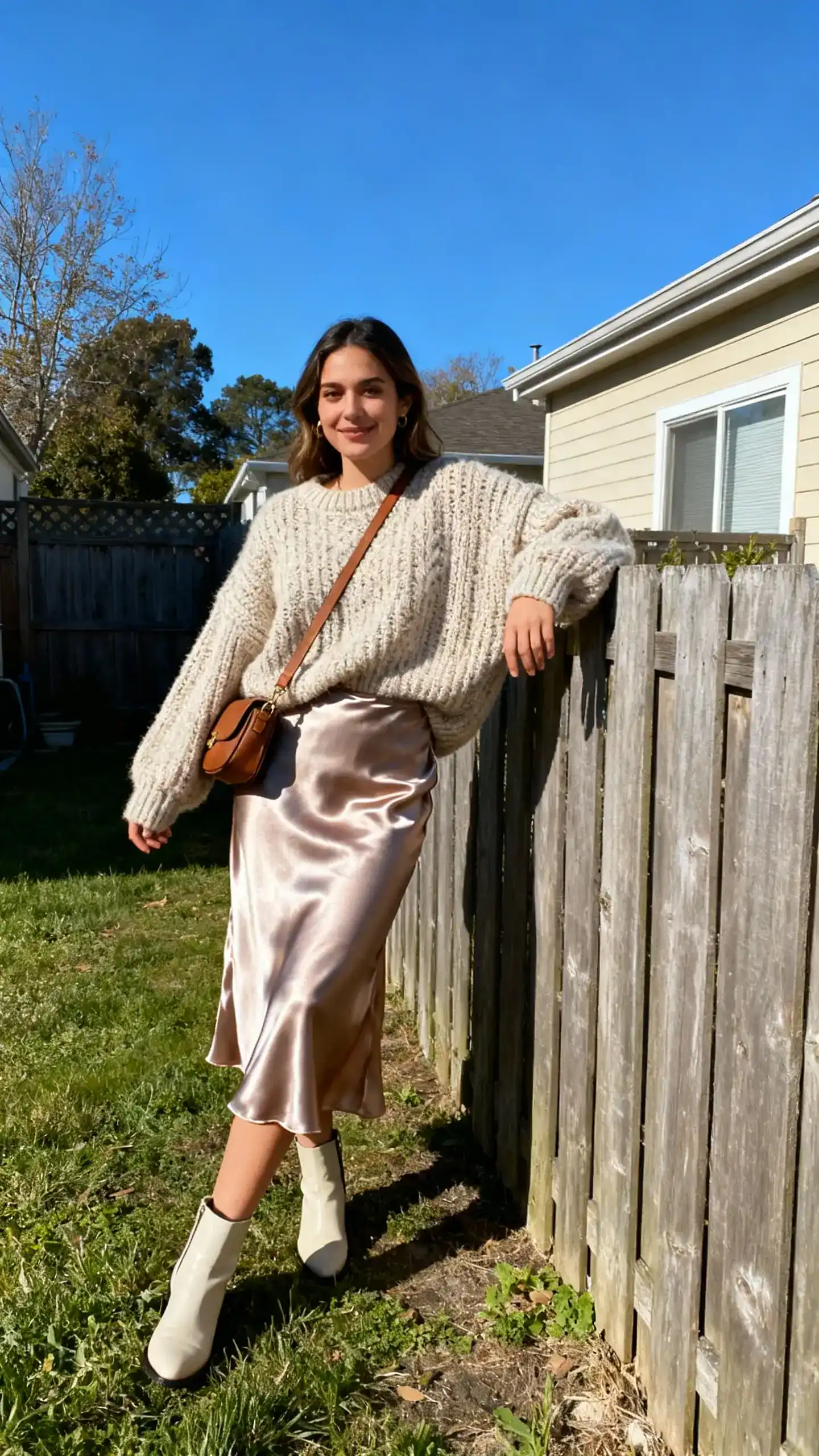 A woman wearing a satin midi slip skirt with a chunky oversized sweater, ankle boots, and crossbody bag, leaning on a backyard fence in the sun, casual iPhone photo style, natural daylight, outdoor setting.