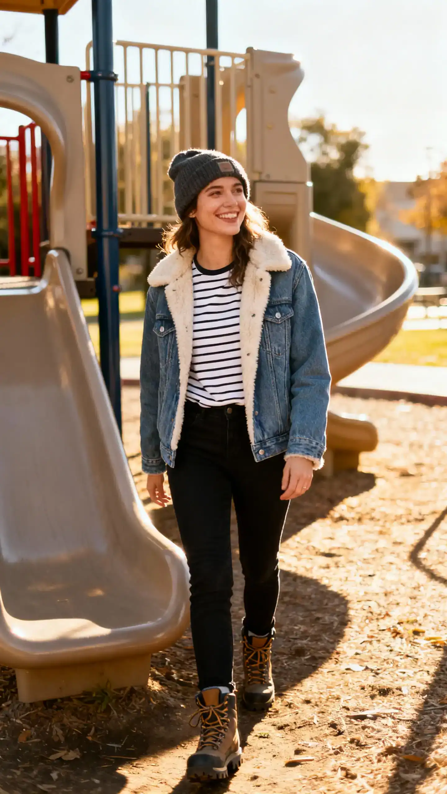 A woman wearing a shearling-lined denim jacket over a striped tee with black jeans, hiker boots, and a beanie, smiling near a park playground slide, casual iPhone photo style, sunny day, outdoor setting.