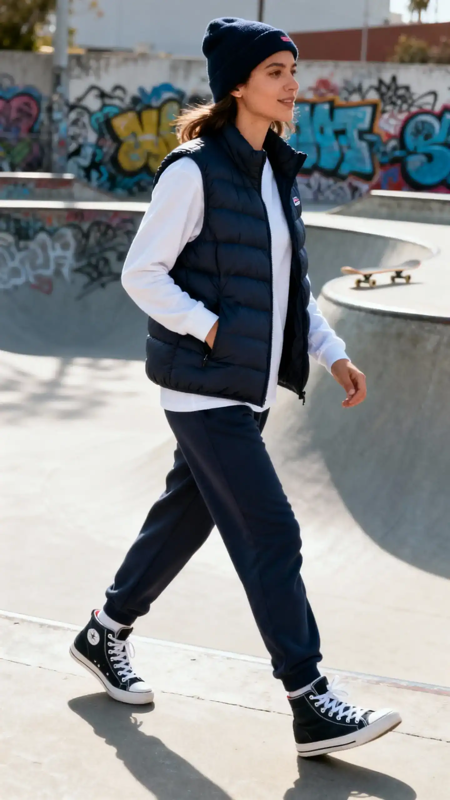 A woman wearing a sporty puffer vest over a long-sleeve tee with joggers, high-top sneakers, and a beanie, candid stride near a skate park, casual iPhone photo style, natural daylight, outdoor setting.