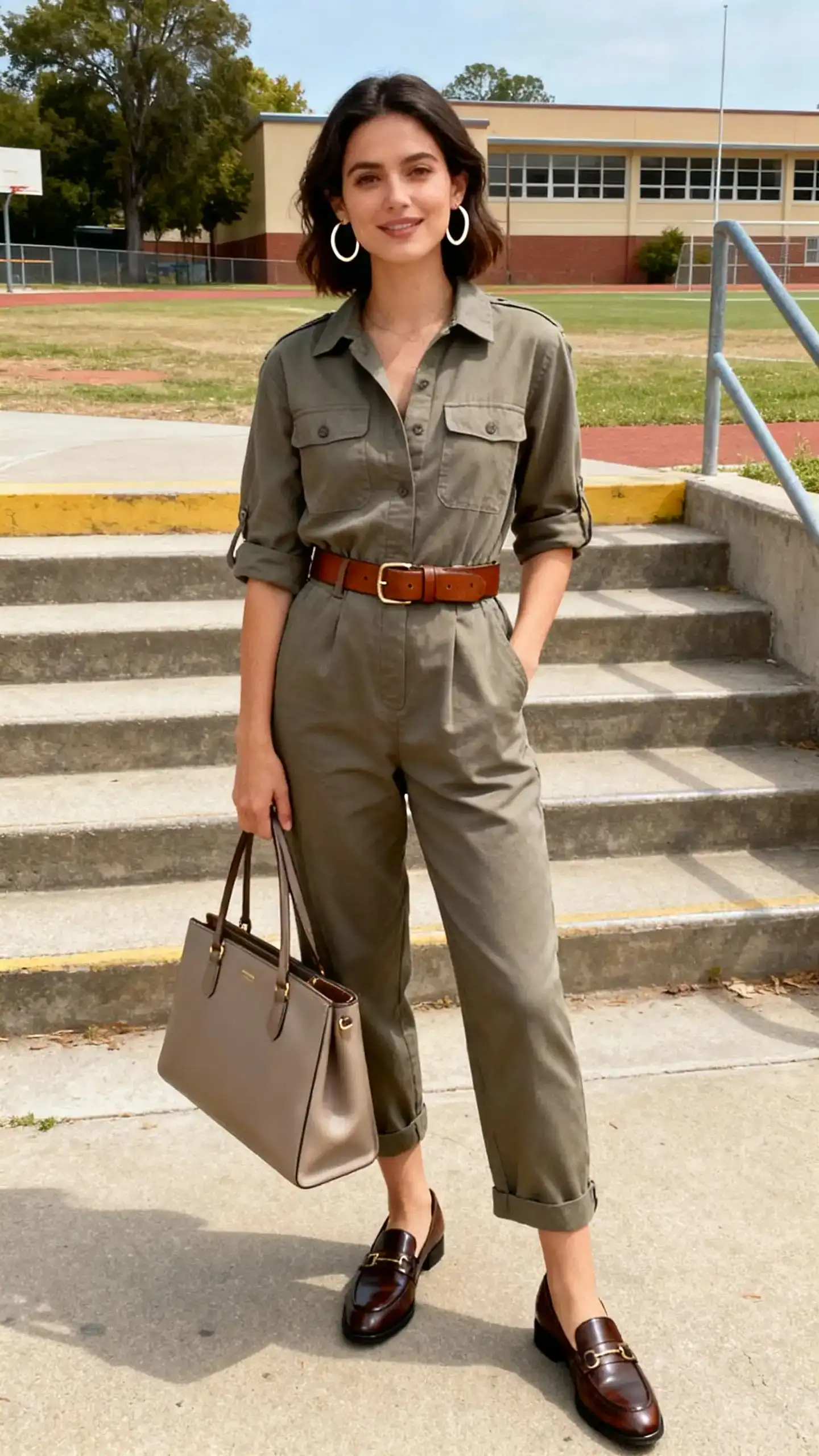A woman wearing a utility jumpsuit cinched with a leather belt, polished loafers, hoop earrings, and a refined tote, standing by a schoolyard steps, casual iPhone photo style, natural daylight, outdoor setting.