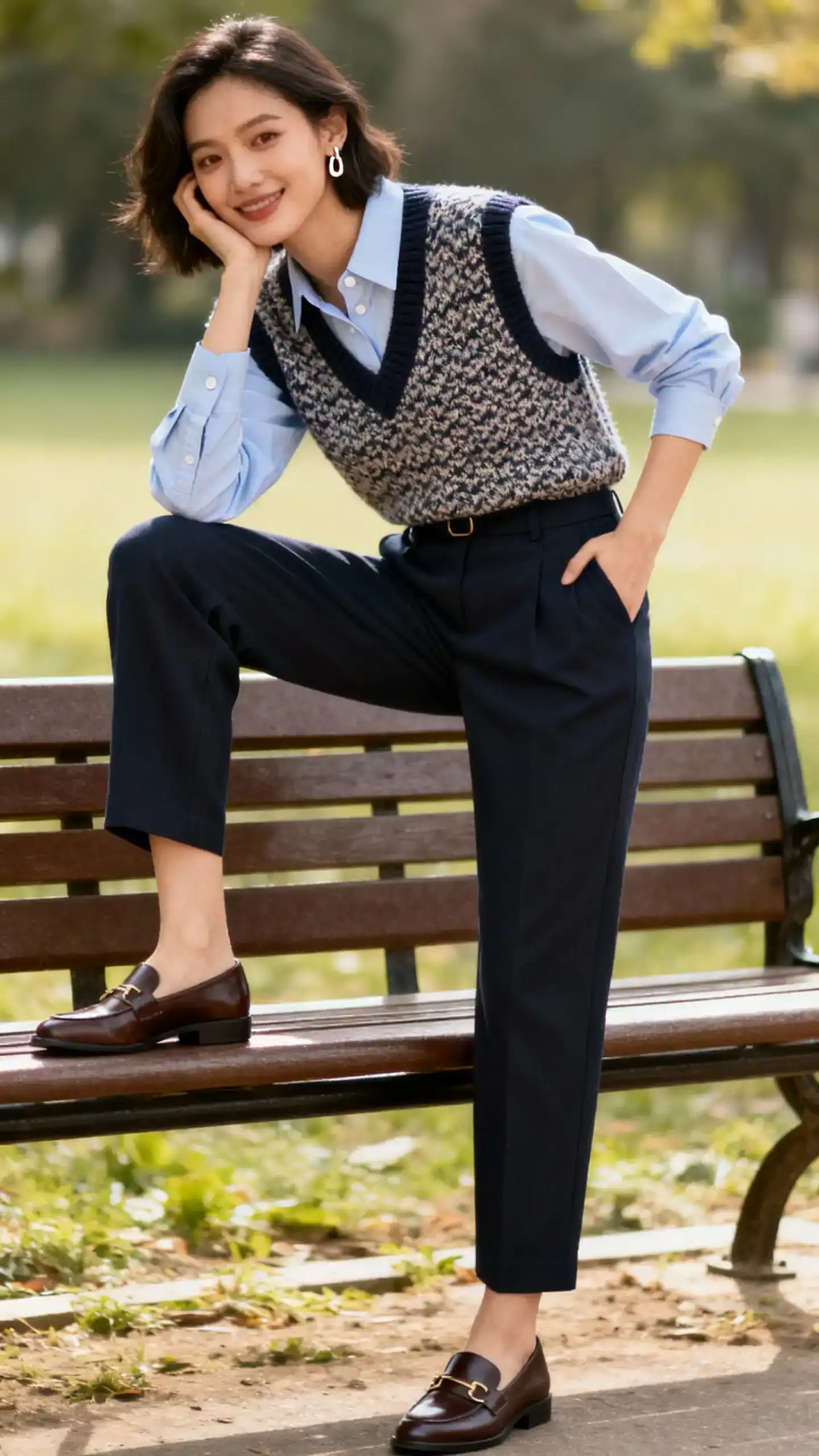 A woman wearing an oxford button-down layered under a textured sweater vest, high-waisted trousers, loafers, and delicate earrings, casually perched on a park bench, casual iPhone photo style, natural daylight, outdoor setting.