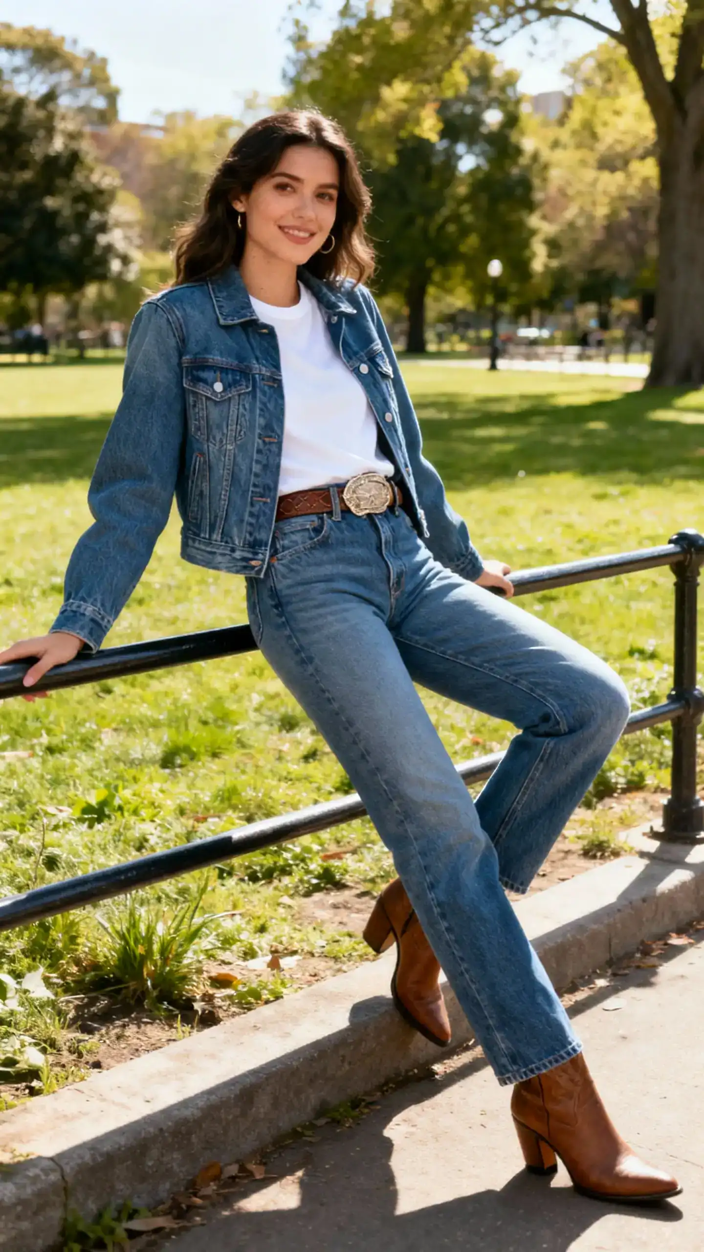 A woman wearing denim-on-denim: a structured jean jacket with high-rise jeans, white tee, western belt, and heeled boots, resting against a park railing, casual iPhone photo style, sunny day, outdoor setting.