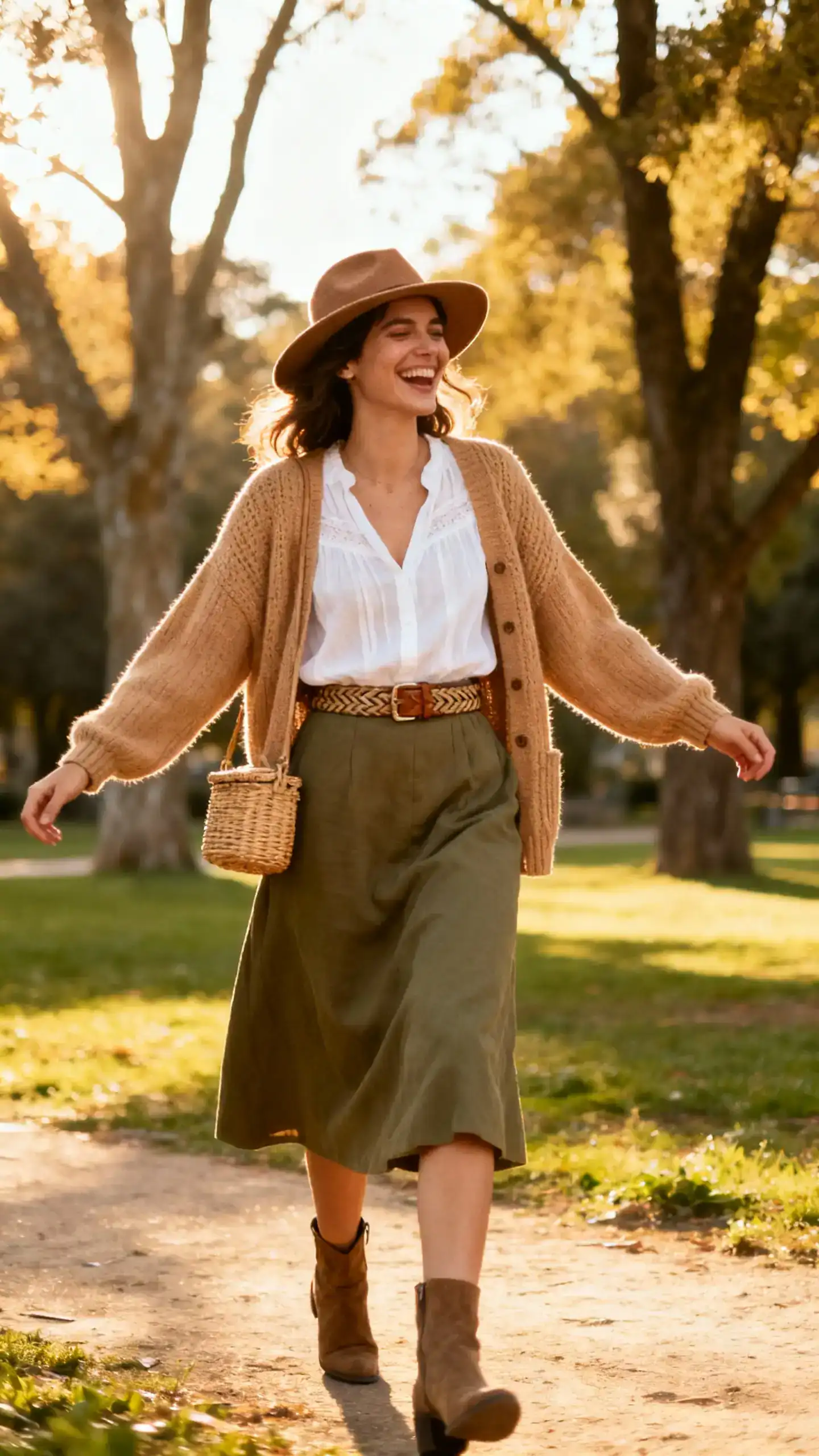 A woman wearing Tuscan-vineyard layers: airy white blouse under a camel knit cardigan, olive midi skirt, ankle boots, felt hat, woven belt, small wicker bag, laughing in a park near trees during golden hour, casual iPhone photo style, natural daylight, outdoor setting.