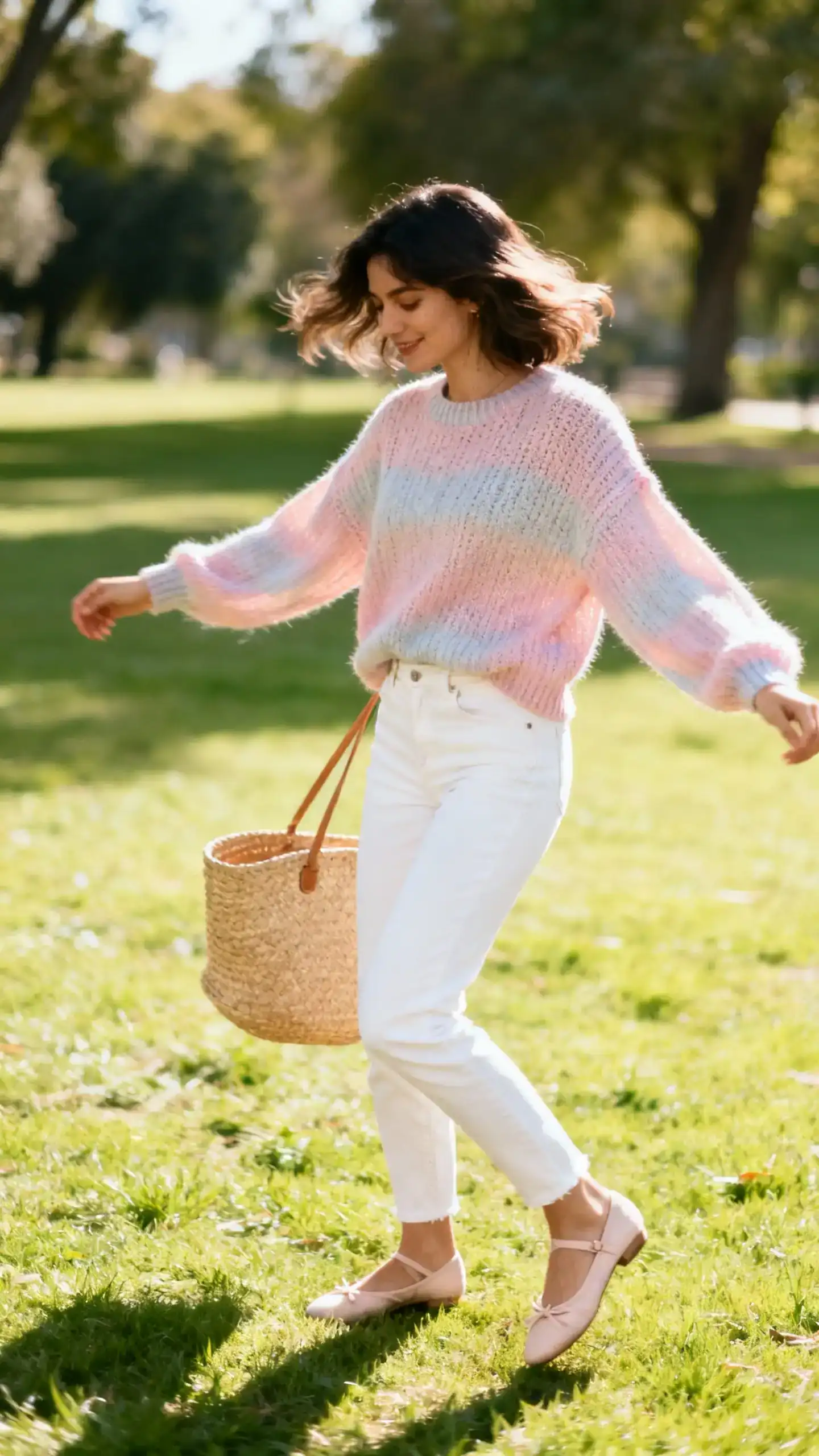 A woman wearing white jeans with a pastel knit sweater, ballet flats, and a straw tote, twirling on a sunny park lawn, casual iPhone photo style, natural daylight, outdoor setting.