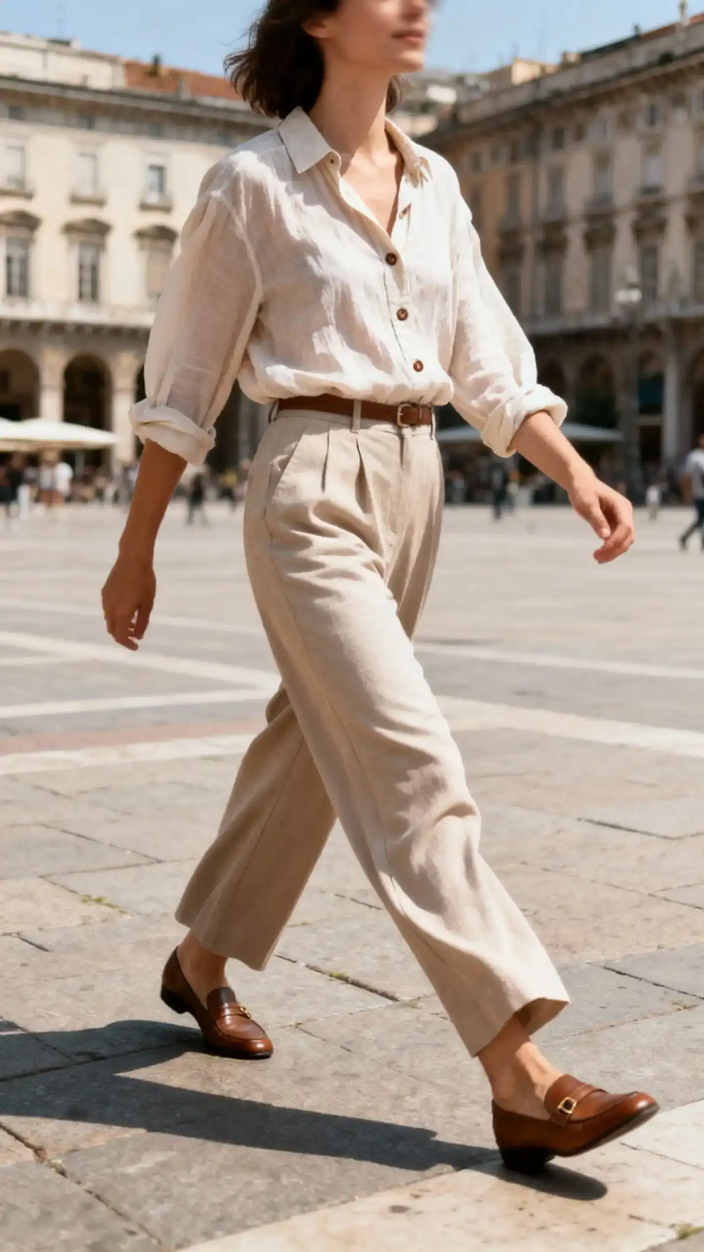 Casual lifestyle shot of a woman in a breezy button-down tucked into wide-leg trousers with loafers, crossing a piazza, face slightly blurred, natural daylight and soft shadows, iPhone photo quality.