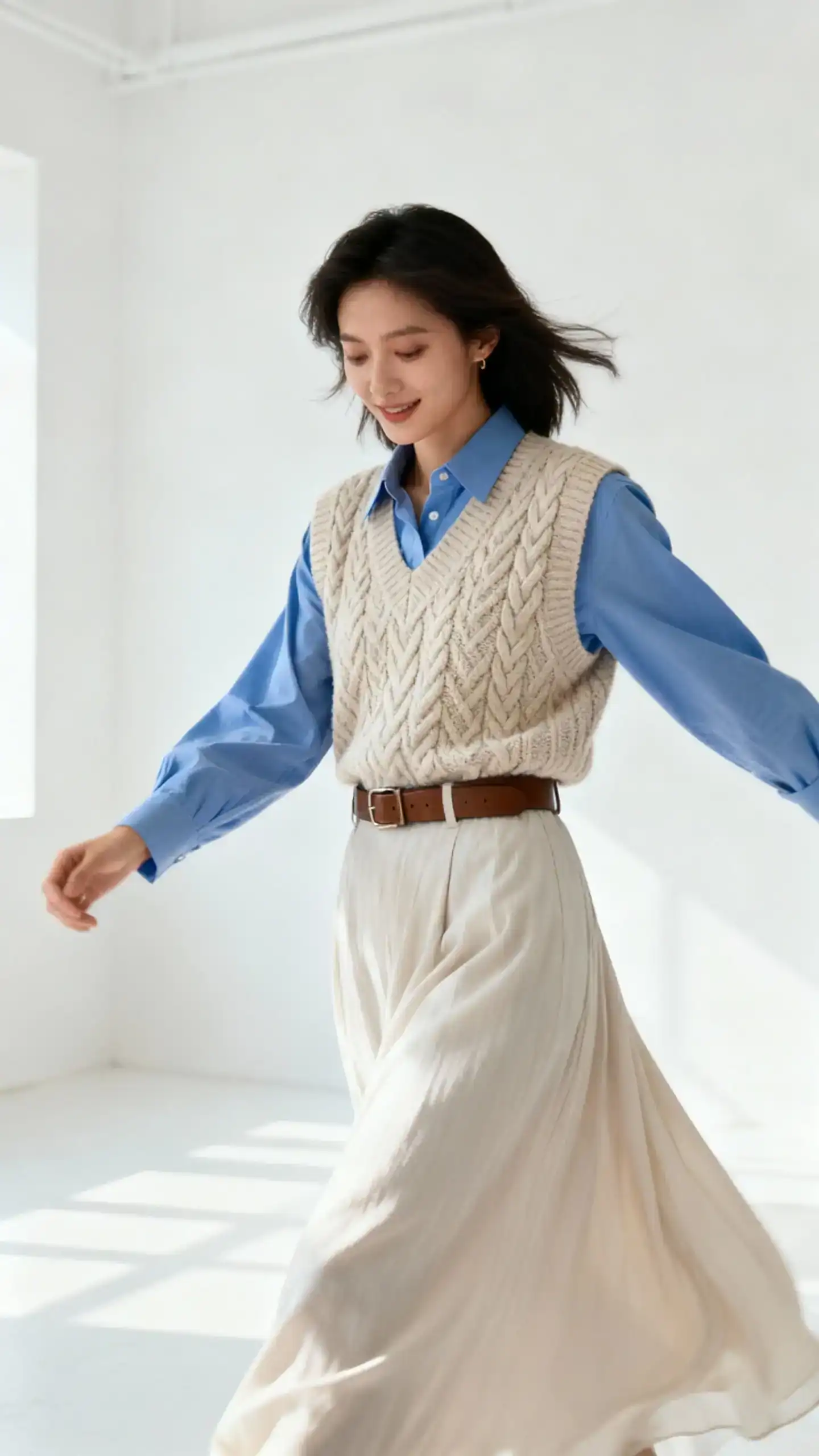 Clean studio portrait of a woman wearing a cable-knit vest over a crisp blue Oxford shirt paired with a flowing maxi skirt and leather belt, white background, soft studio lighting, gentle motion, clean composition, editorial feel.