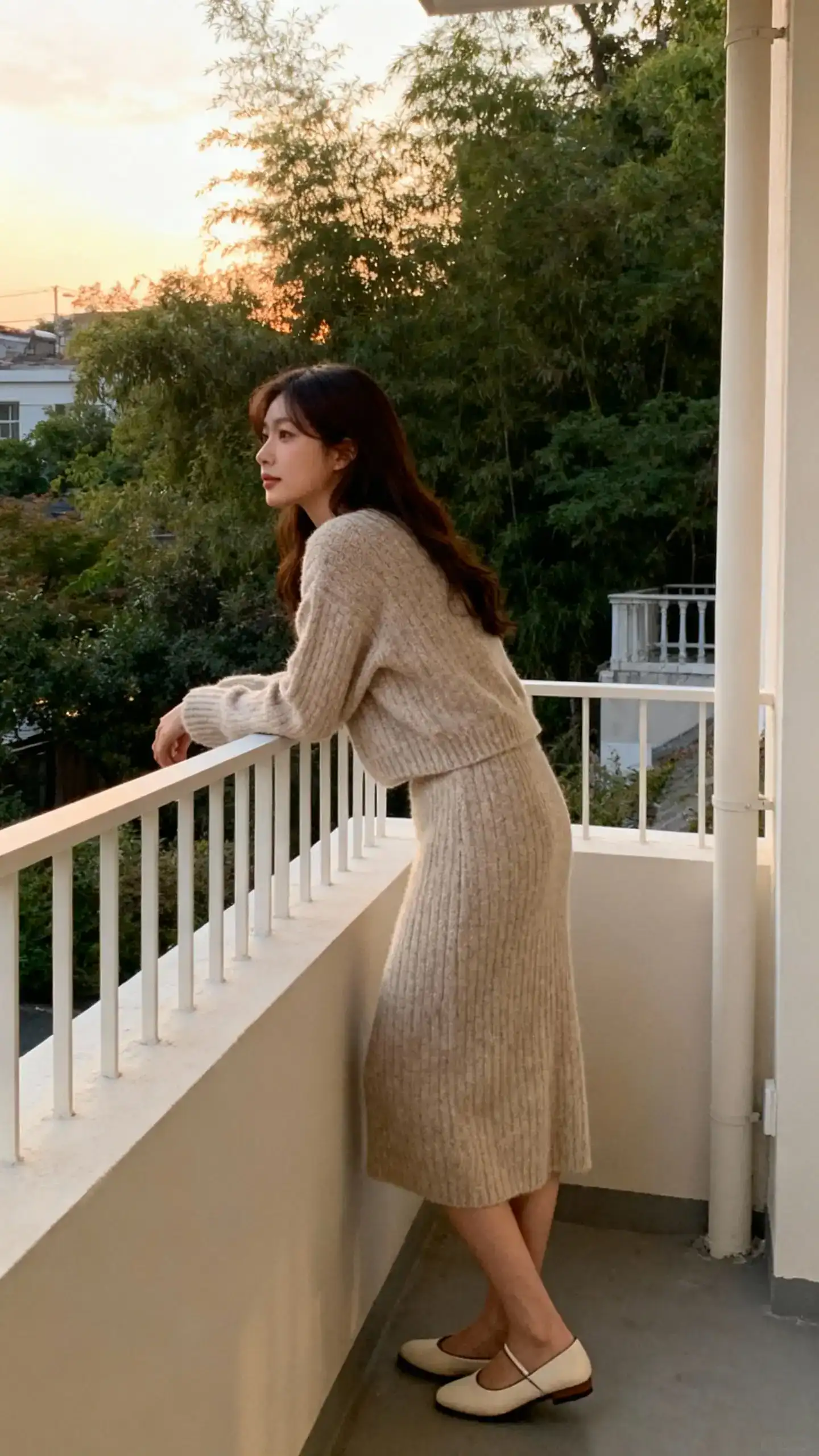 Cozy candid of a woman in a matching knit set (top and skirt) with simple flats, leaning on a balcony rail, face looking away, soft early evening light, casual iPhone aesthetic.