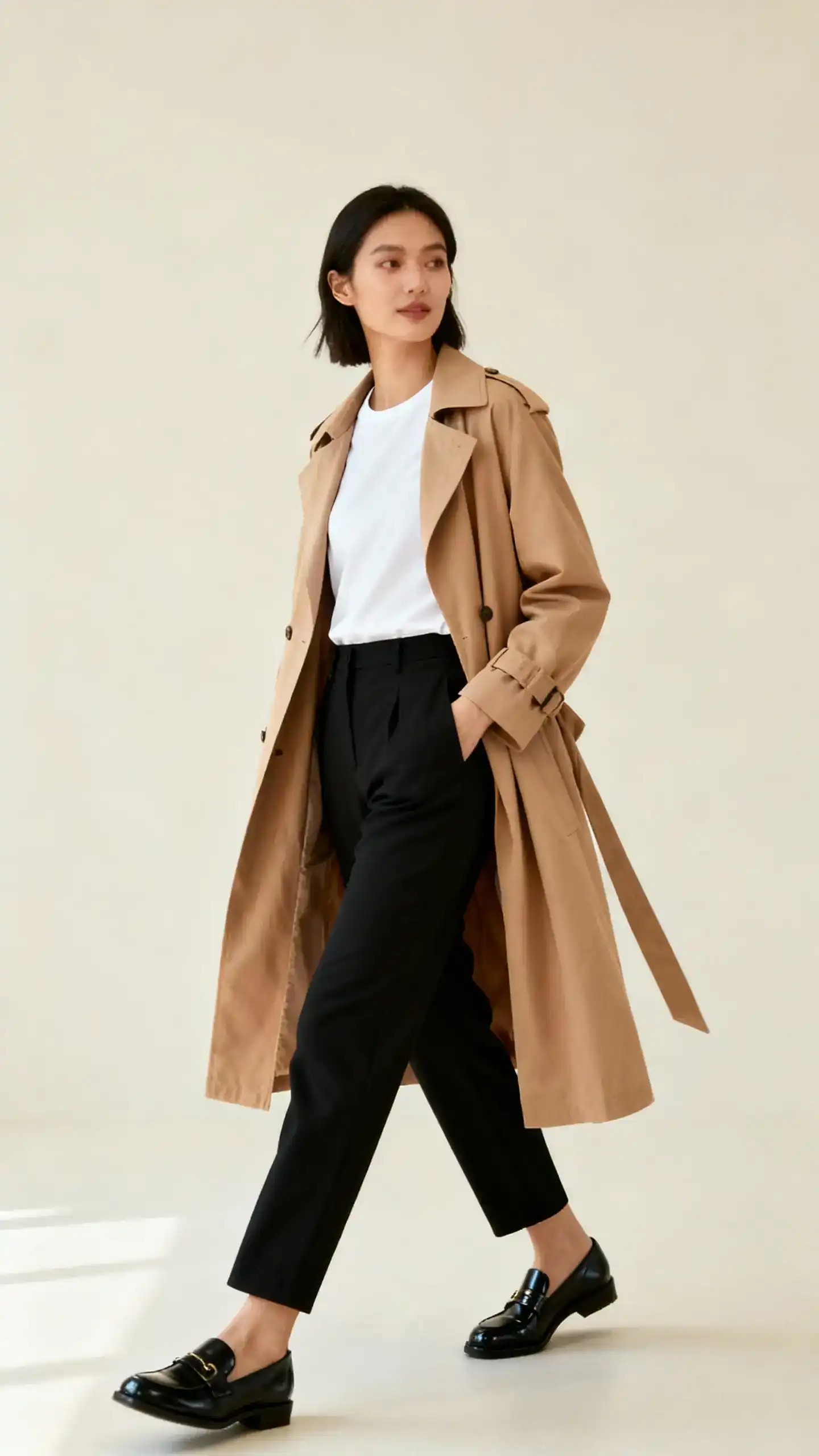 Editorial style photo of a woman in black trousers with a light camel soft trench coat layered over a white tee and polished black loafers, cream background, studio lighting, natural walking pose, clean composition, subtle utility edge.