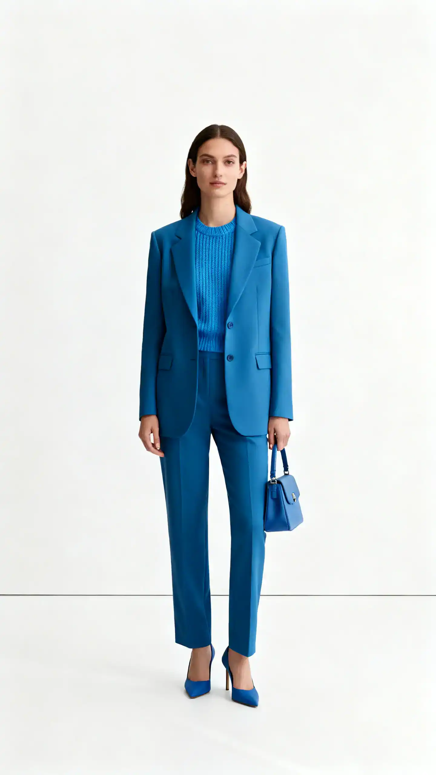 Minimal studio shot of a woman in a monochrome look: blue suit with a tonal blue knit or blouse and blue heels/bag, white background, soft studio lighting, straight-on stance, clean composition, designer-level polish.