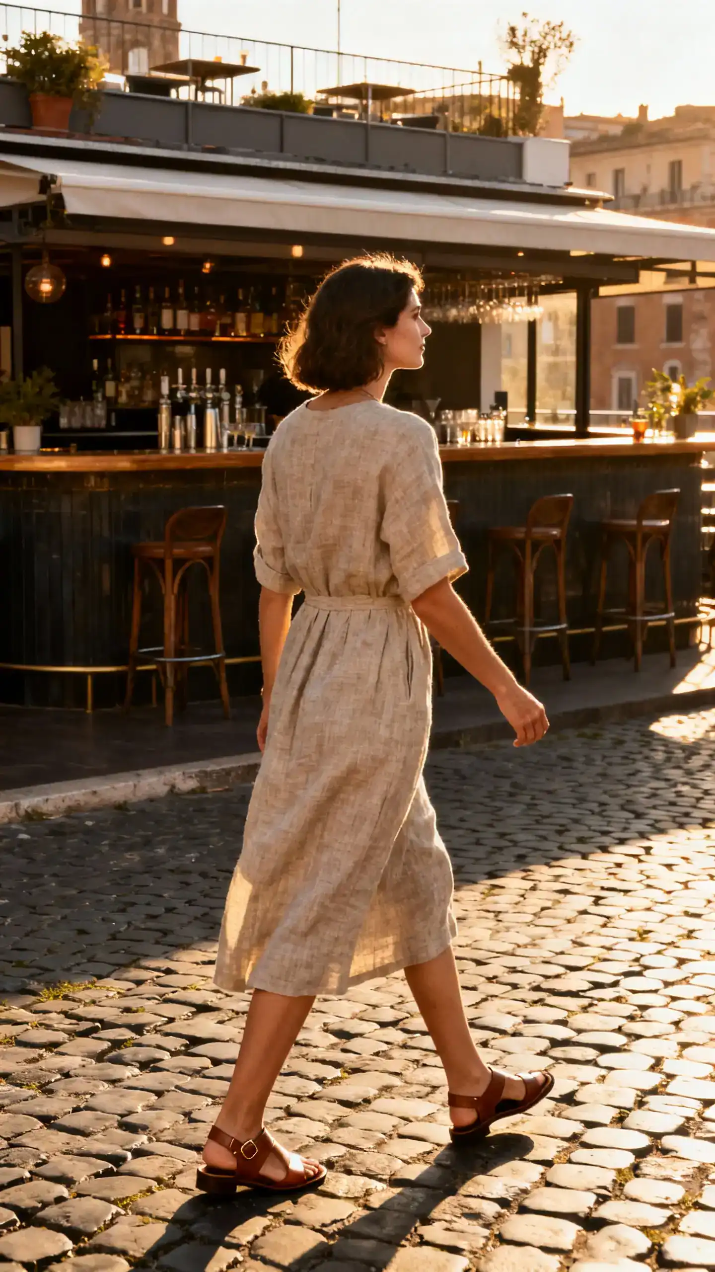 Natural lifestyle photo of a woman wearing a linen midi dress with sleek leather sandals, strolling past Roman cobblestones toward a rooftop bar, face looking away, golden-hour daylight, iPhone photo quality, unstaged.