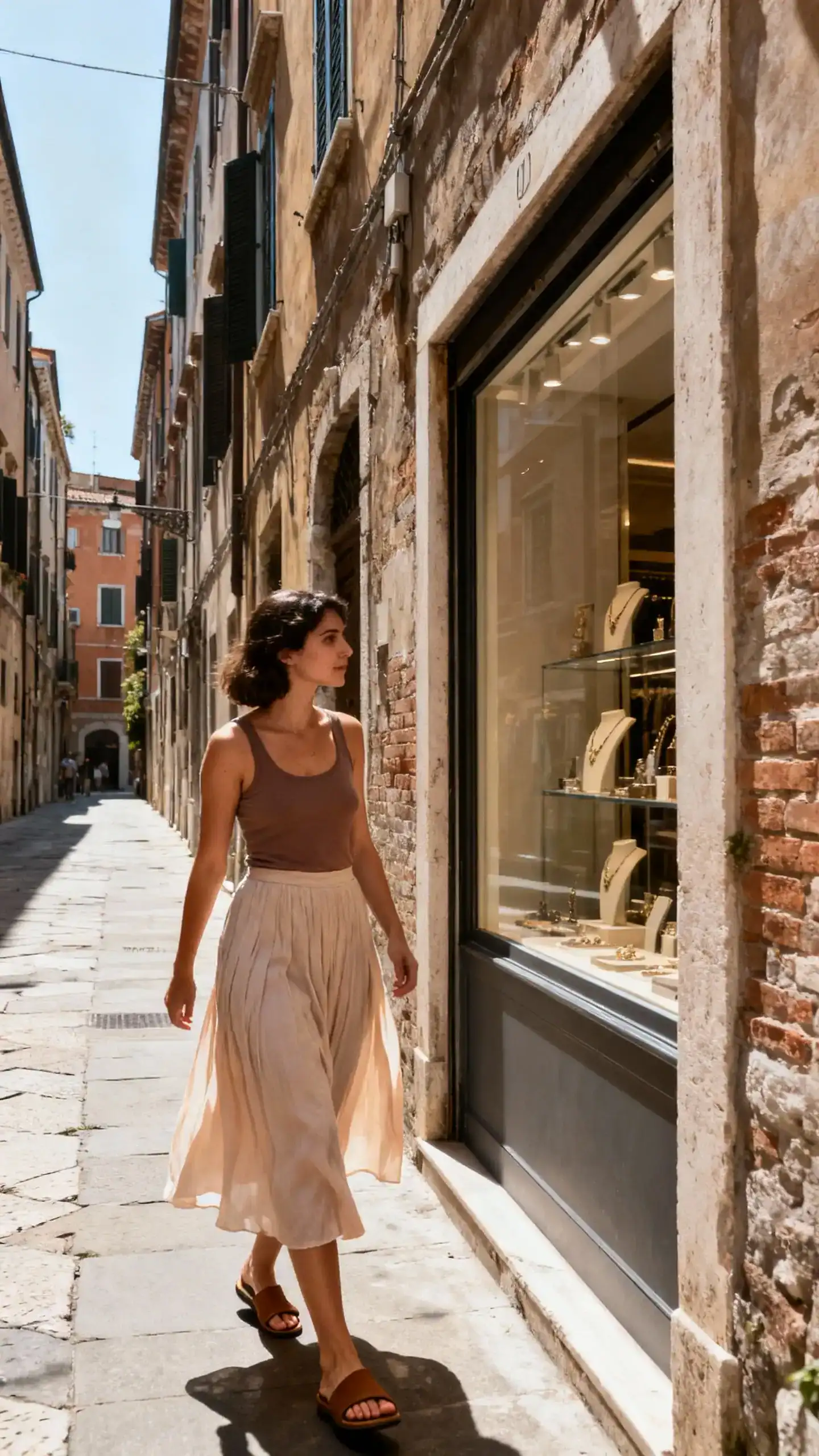 Street-style candid of a woman in a breezy midi skirt and fitted tank with comfy flat sandals, window-shopping along narrow Italian lanes, face in shadow, bright daytime light, iPhone photo quality.