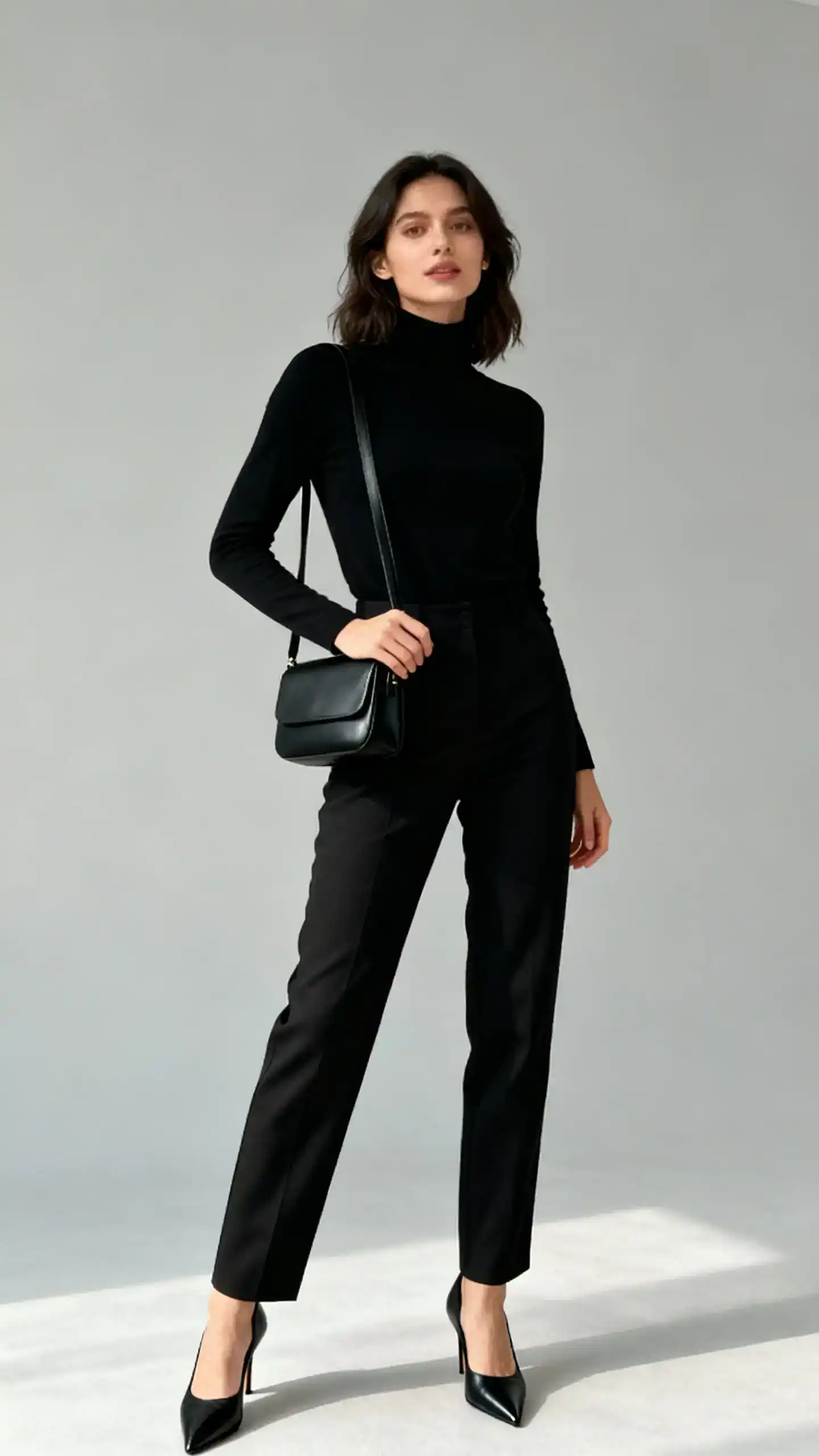 Studio fashion photo of a woman wearing an all-black look: black trousers, black fitted turtleneck, black pointed heels, and a slim black shoulder bag, neutral gray background, soft studio lighting, confident stance, clean composition, designer-inspired monochrome.