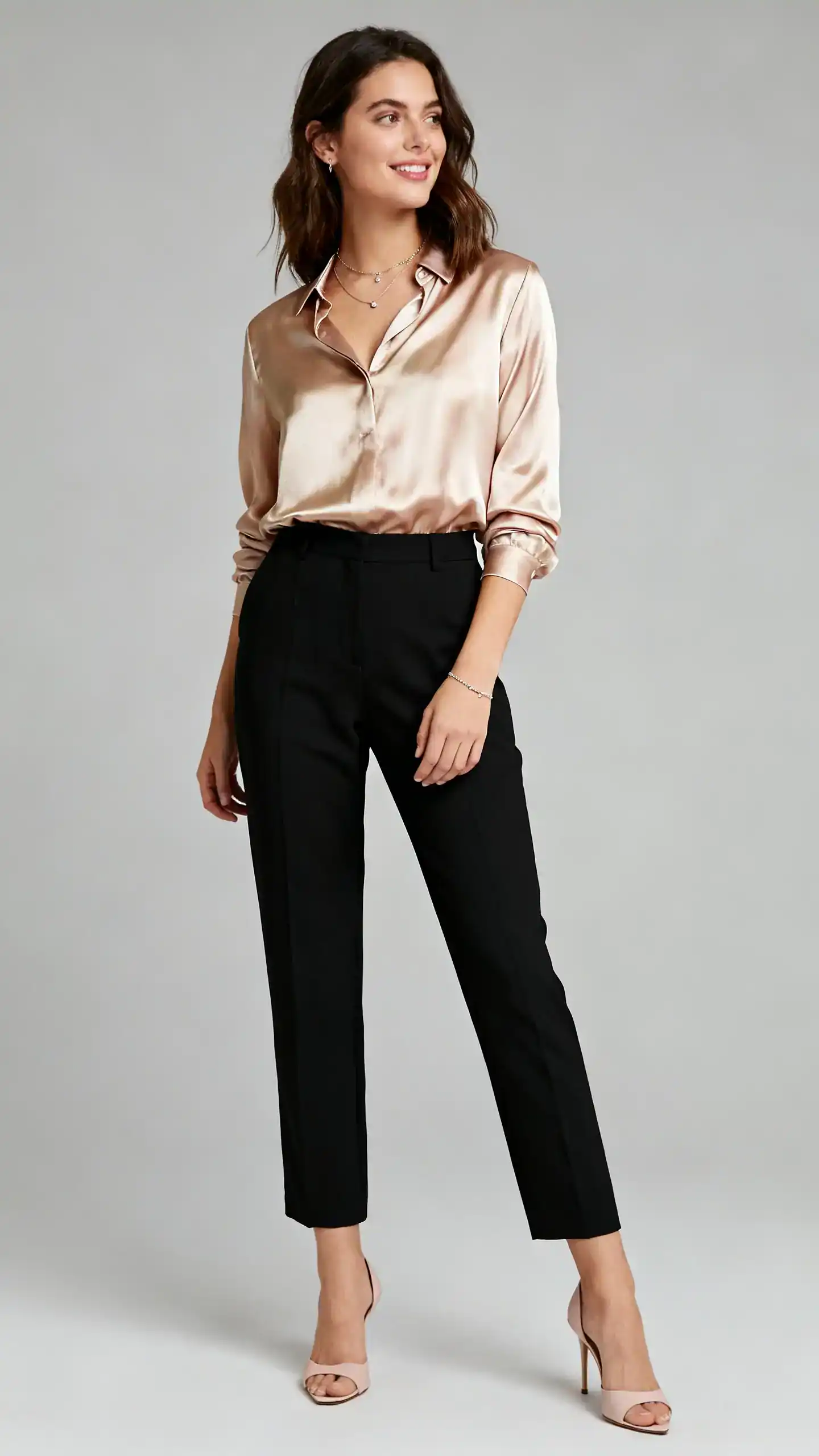 Studio fashion photo of a woman wearing black trousers with a lustrous silk blouse (champagne or soft blush), delicate heels and simple jewelry, neutral gray background, soft studio lighting, gentle three-quarter angle, clean composition, day-to-date polish.
