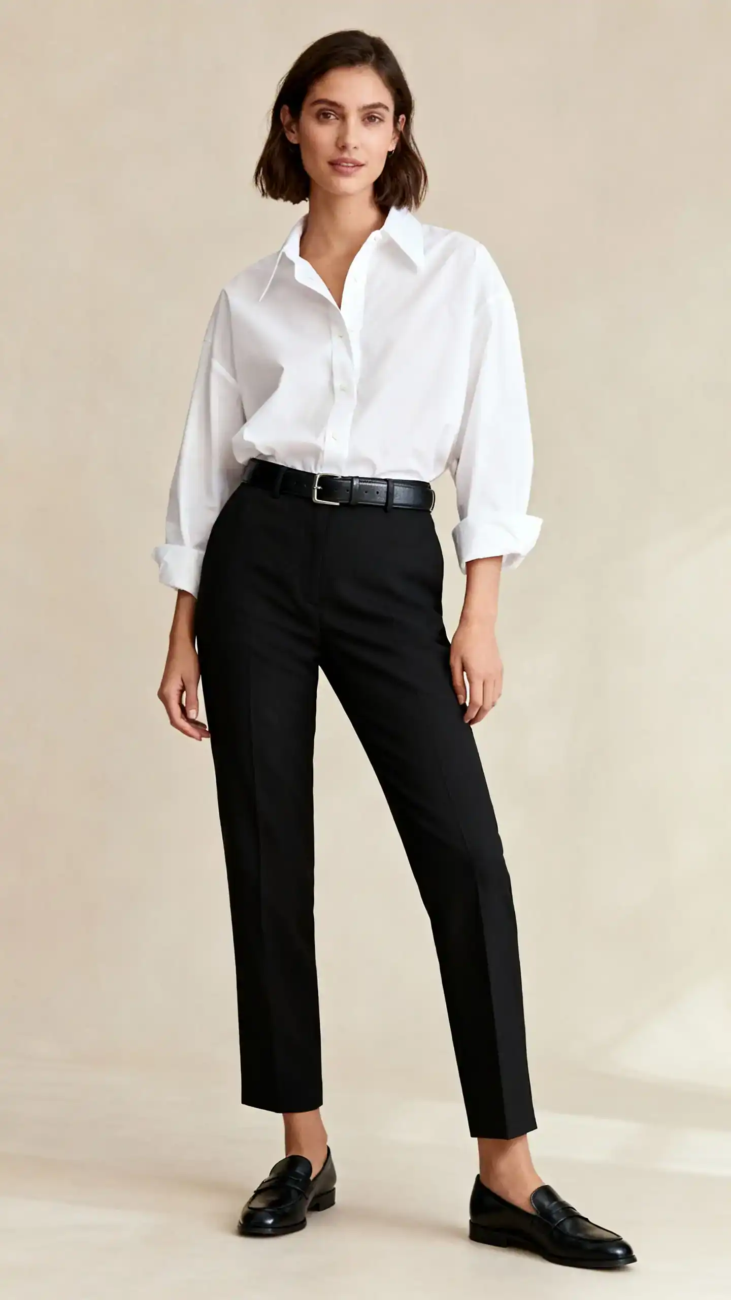 Studio fashion photo of a woman wearing crisp black tailored trousers with a sharp white button-up shirt (slightly oversized, neatly tucked), black leather belt and sleek black loafers, neutral beige background, soft studio lighting, professional natural pose, clean composition, magazine-quality.