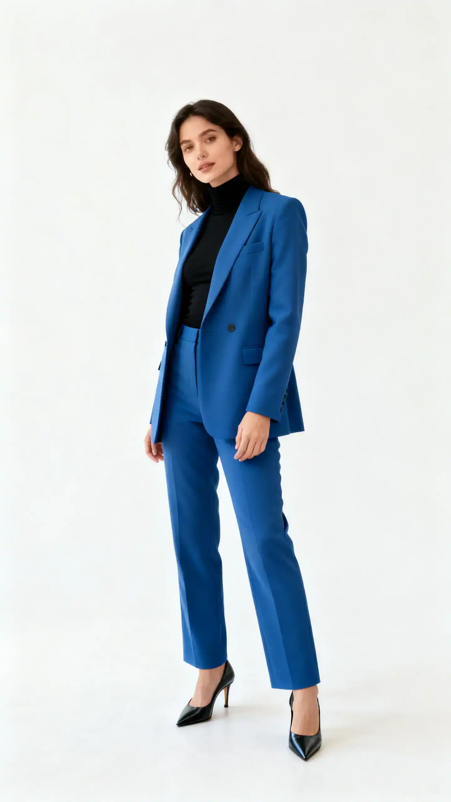 Studio portrait of a woman wearing a structured blue suit with a fitted black turtleneck and pointed-toe heels, white background, soft studio lighting, confident stance facing three-quarters, clean composition, magazine-quality.