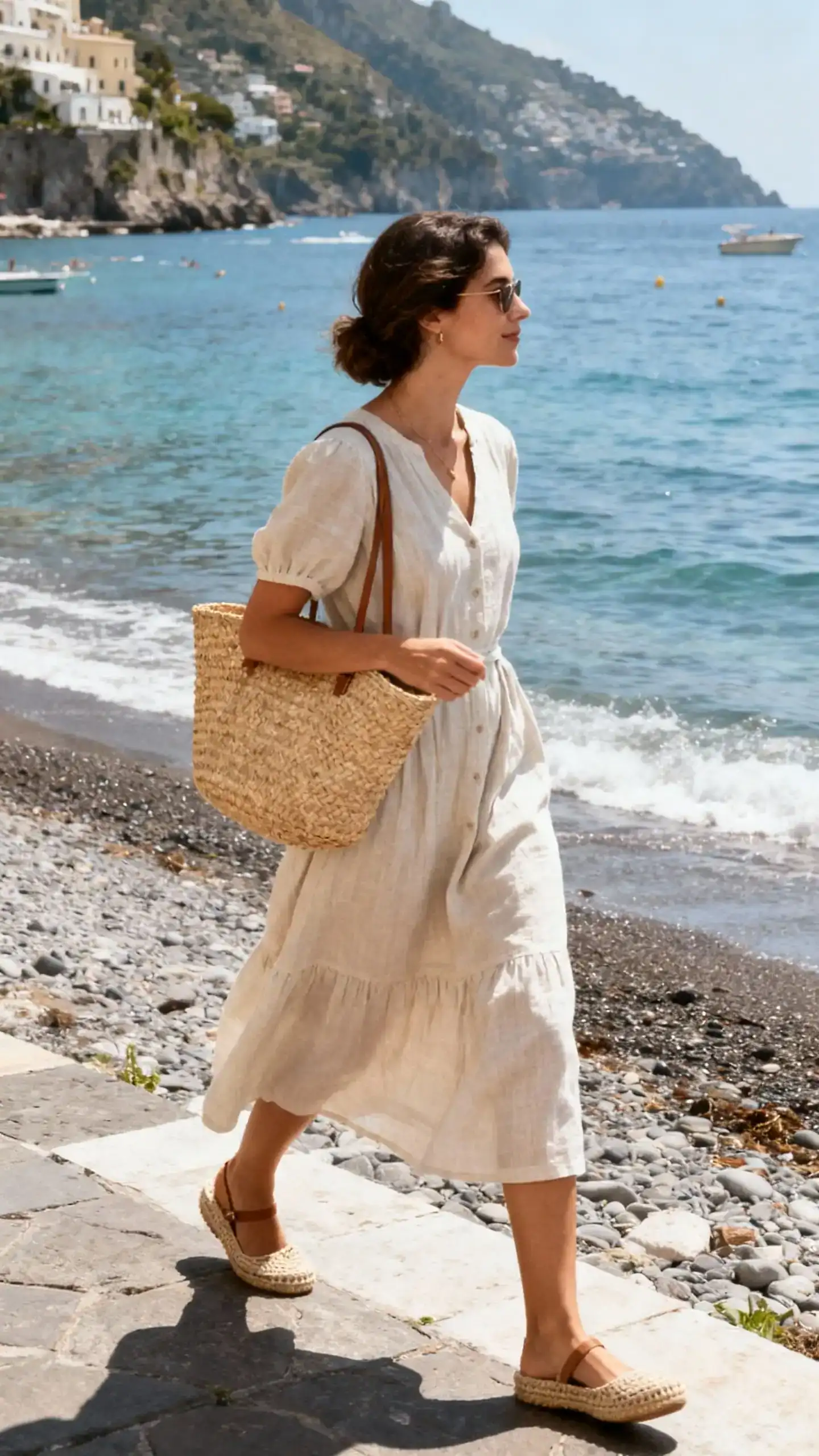 Sunlit candid of a woman wearing a cotton sundress with espadrilles and a straw tote, walking seaside in Positano, face looking away, warm coastal daylight, iPhone photo quality, unstaged.