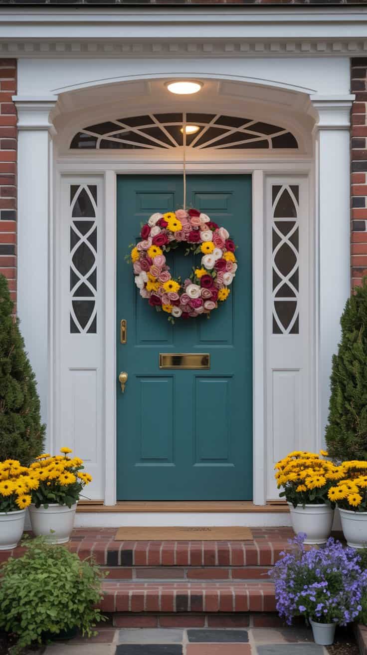 Front door with seasonal flower arrangements showing current season colors