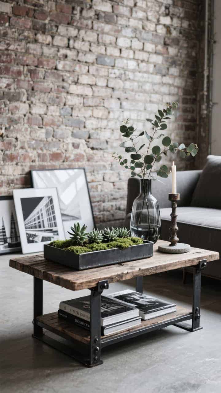 Angled medium shot in an urban loft setting: exposed brick backdrop, reclaimed wood coffee table with black steel hardware; a charcoal metal tray holds bold monochrome architecture and photography books; a low, wide planter of moss and mini succulents sits alongside a smoked glass vase with eucalyptus; an aged metal candle holder and a single concrete coaster add industrial texture; cool daylight with subtle shadows.