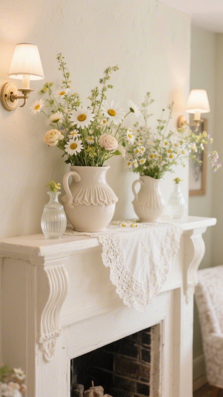 Closeup cottagecore cream: cream mantle topped with ruffled ceramic pitchers of wildflowers—daisies, ranunculus, chamomile; lace-trimmed runner beneath; pair of milk glass vases interspersed; small pleated sconces on each side casting flattering, soft light; sweet, serene spring mood; photorealistic.