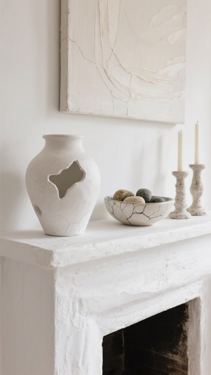 Closeup detail of white-on-white textures: snow-white mantle with a chunky hand-thrown vase featuring irregular edges; raw plaster candlesticks and a cracked-glaze bowl filled with smooth river stones; above, a canvas in creamy off-whites for depth; soft, shadowed lighting to emphasize imperfections; tranquil wabi-sabi mood; photorealistic.