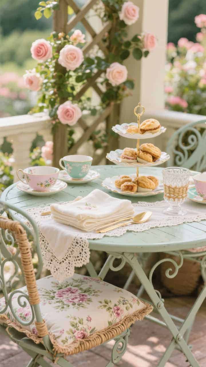 Closeup/detail shot of an “English Cottage Tea Veranda” tabletop: scalloped powder-coated iron bistro table with lace-trimmed table runner; mismatched china tea set and a petite tiered stand with scones; curlicue garden chair edge with floral chintz cushion peeking in; cane-wrapped glassware and embroidered napkins folded neatly; trellised climbing roses softly blurred in background; palette of blush, sage, cream, and soft gold; gentle afternoon light, romantic and storybook, photorealistic.