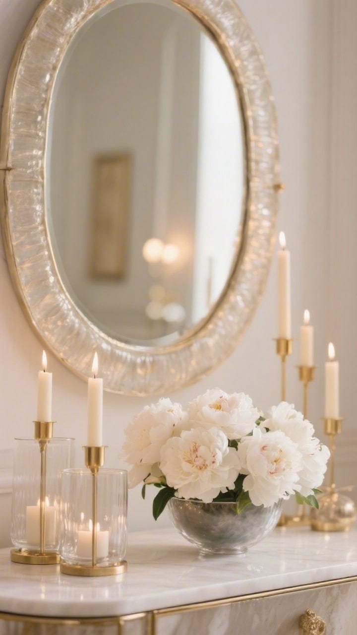 Closeup glam vignette: champagne-toned mirror catching a soft glow; frosted glass hurricane candles and pale gold taper holders creating a warm halo; low arrangement of white peonies in a smoky glass bowl; tonal accents in ivory, sand, and brushed gold; serene, shimmer-not-sparkle lighting; photorealistic.