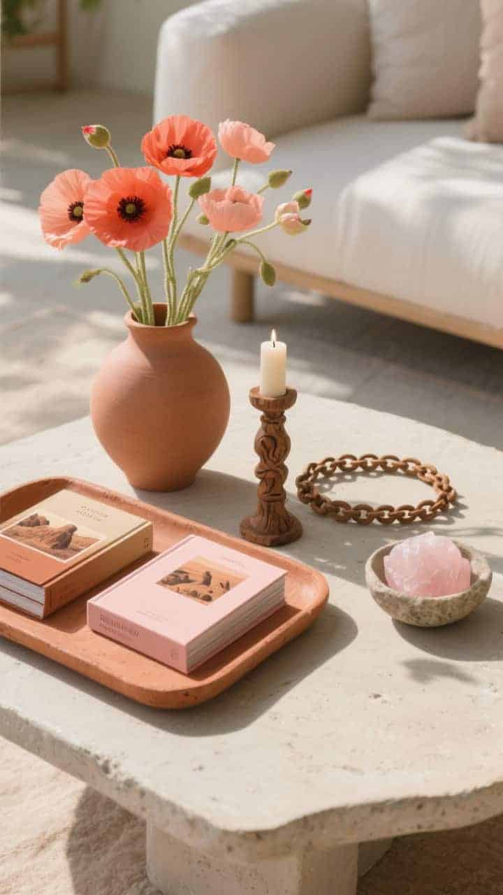 Closeup, side-angled shot on a light concrete coffee table; a terracotta tray with desert photography books in sand, rust, and blush covers; a matte clay vase of coral poppies or peach ranunculus; a stone candle, carved wooden chain, and a small bowl of pale pink quartz; warm, sun-kissed tones with soft, airy spring light.