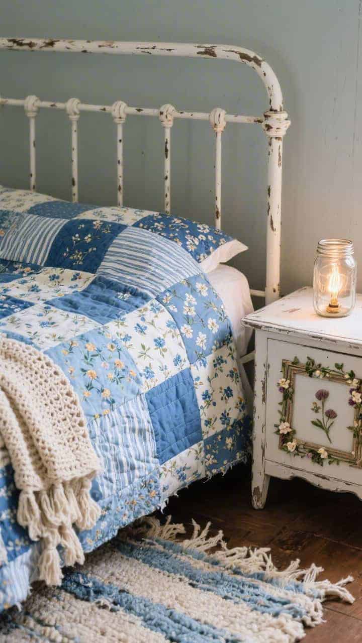 Closeup texture study, rustic romance: blue floral patchwork quilt mixing ditsy prints, stripes, and tiny buds; distressed white metal bed frame spindles visible; crocheted throws layered at the corner; rag rug in sky and cream peeking under; mason jar lamp with warm filament light; shaker nightstand edge with pressed flower frames.