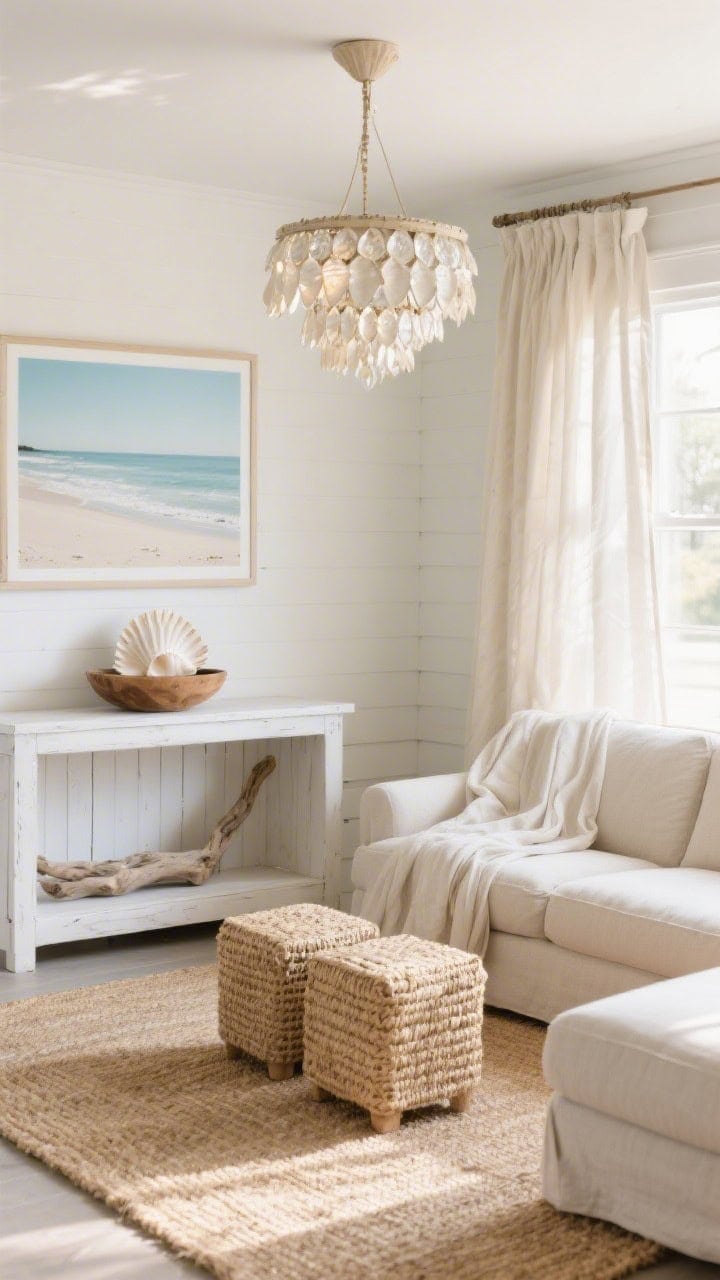 Corner angle, Beach House Neutrals: neutral linen sectional with seagrass cube ottomans used as extra seating; chunky seagrass rug; whitewashed console behind the sofa; minimal decor—large shells in a wooden bowl, linen drapes slightly puddled, soft-toned beachy photographic print on the wall; capiz shell chandelier shimmering overhead; palette of bone, sand, driftwood, pale blue; sunlit, airy, photorealistic.