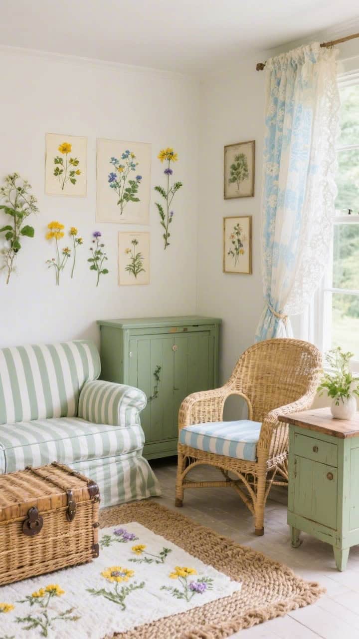 Corner angle, Cottagecore Natural: ticking-stripe loveseat paired with a wicker armchair and a sage-painted wood side table; braided jute rug layered with a petite floral cotton accent rug; wildflower prints and pressed botanicals on the wall; a wicker trunk as hidden storage; vintage-style lace curtains catching a summer breeze; palette of cream, sage, butter yellow, soft blue; cozy daylight, photorealistic.