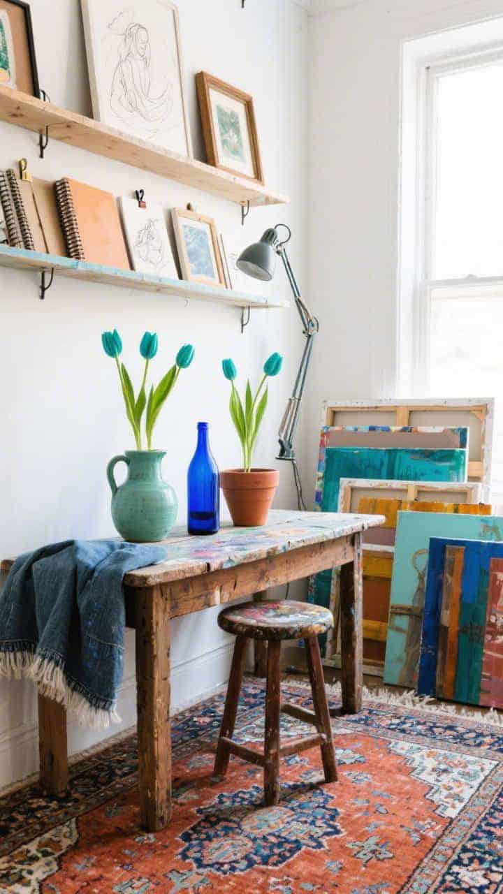 Corner angle medium shot, Eclectic Artist’s Studio: vintage Persian rug under a weathered pine table with a painter’s stool draped in a denim throw; three mismatched tulip vessels—mint ceramic jug, cobalt glass bottle, terracotta pot—each with single-color bunches at varied stem heights; floating shelves with sketchbooks, mixed frames, clip-on task lamp, stacked canvases; palette pops of terracotta, cobalt, mint, and layered jewel tones; bright studio daylight, creative, collected energy.