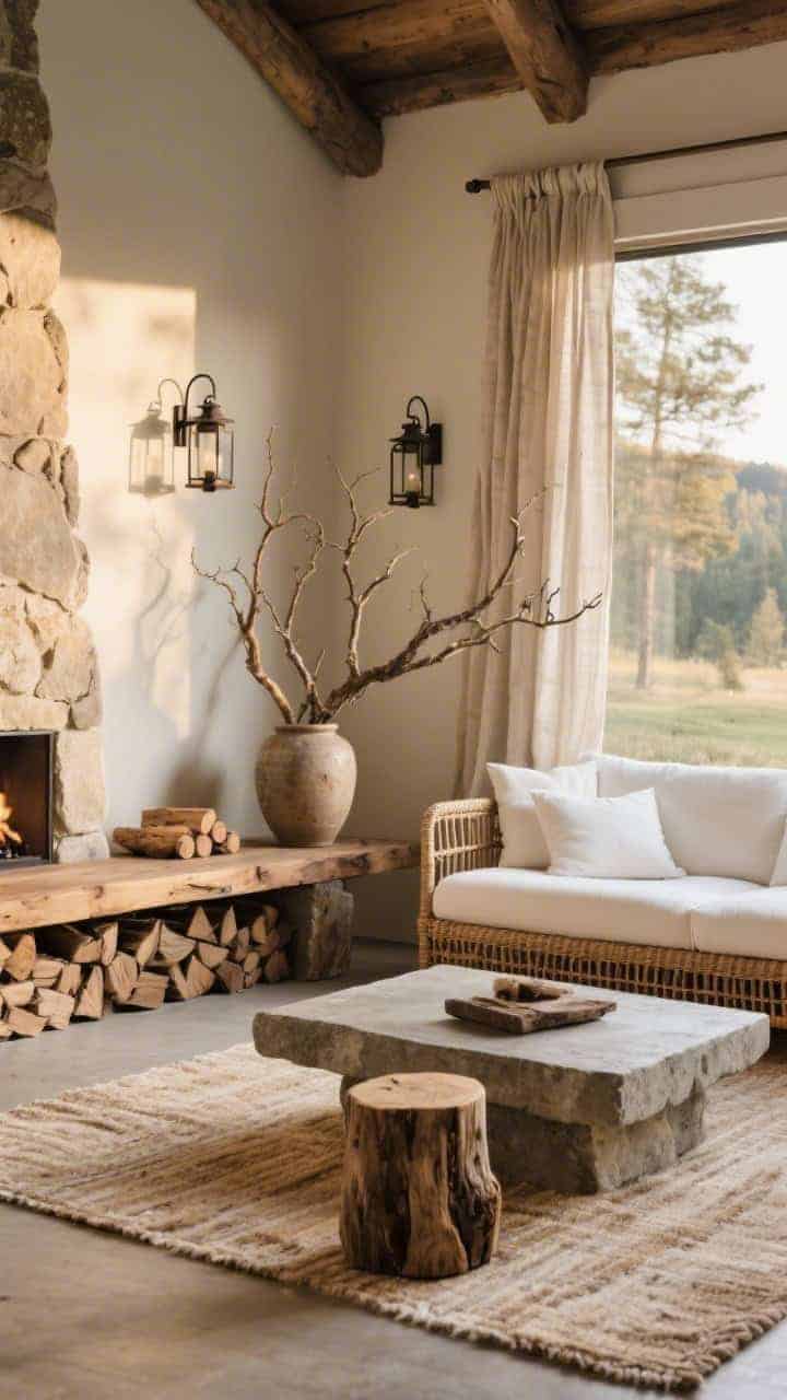 Corner angle, Outdoor-Inspired Lodge: natural rattan sofa with thick white cushions facing a raw stone/concrete coffee table; flatweave wool rug in sandy tones; wood slab console along the wall; iron lantern sconces mounted above; linen drapes pulled wide to reveal a view; stack of firewood and a log stool accent; oversized branch arrangement in a stoneware urn; palette of sand, stone, iron, natural rattan; warm late-afternoon light, photorealistic.