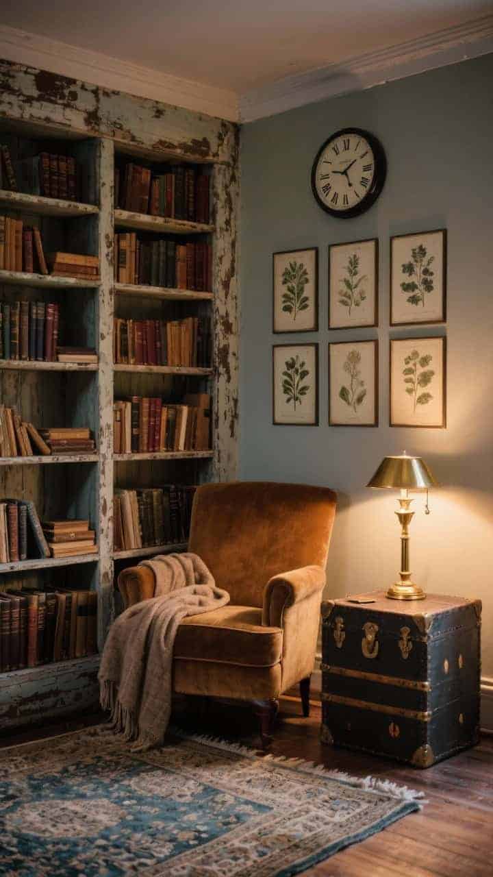 Corner medium shot: Timeworn library nook featuring weathered open shelves filled with old hardcovers, a camel velvet armchair with a well-loved throw, a vintage trunk as a side table, a lacquered brass reading lamp casting a warm glow, a faded Persian runner on the floor, and a wall cluster of vintage botanical prints with a simple clock with Roman numerals, cozy evening ambiance, photorealistic.