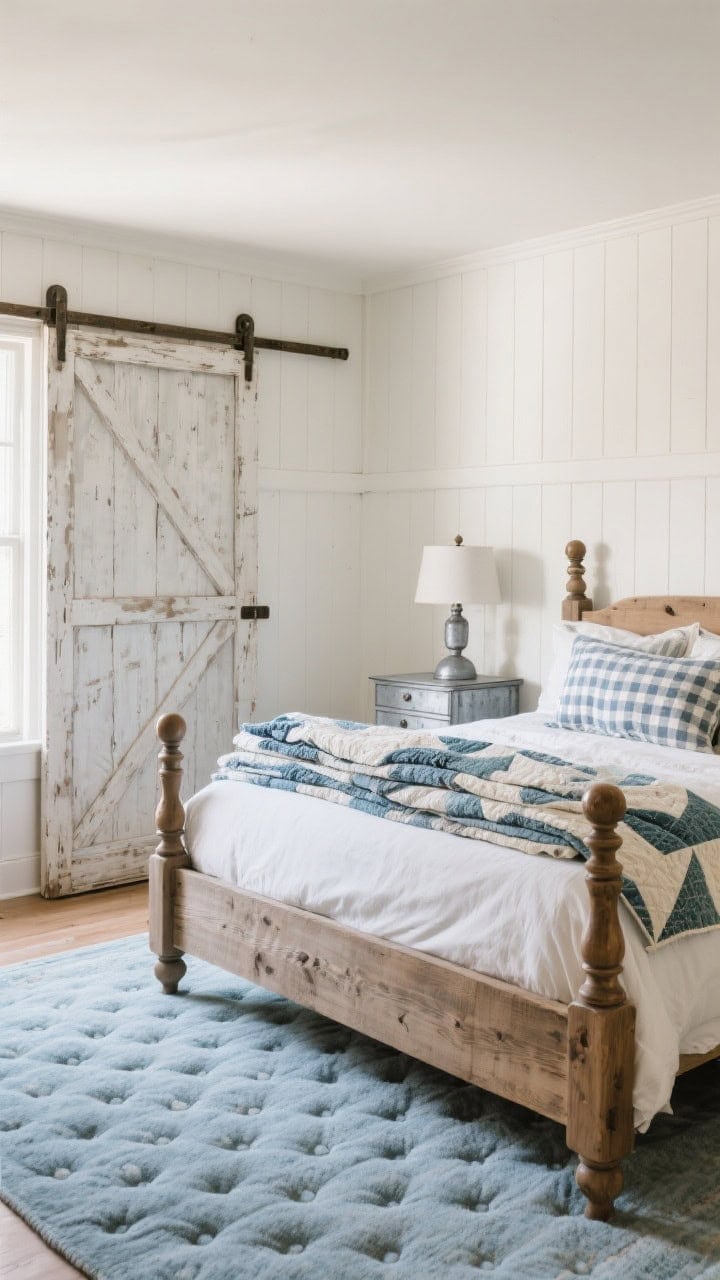 Corner wide shot, coastal farmhouse: whitewashed paneled walls; distressed wood bed with turned posts; hand-tufted rug in muted blues; barn door sliders on closet; galvanized bedside lamps; quilt stack at bed’s end; gingham pillows adding pattern; warm, cozy light with gentle contrast.