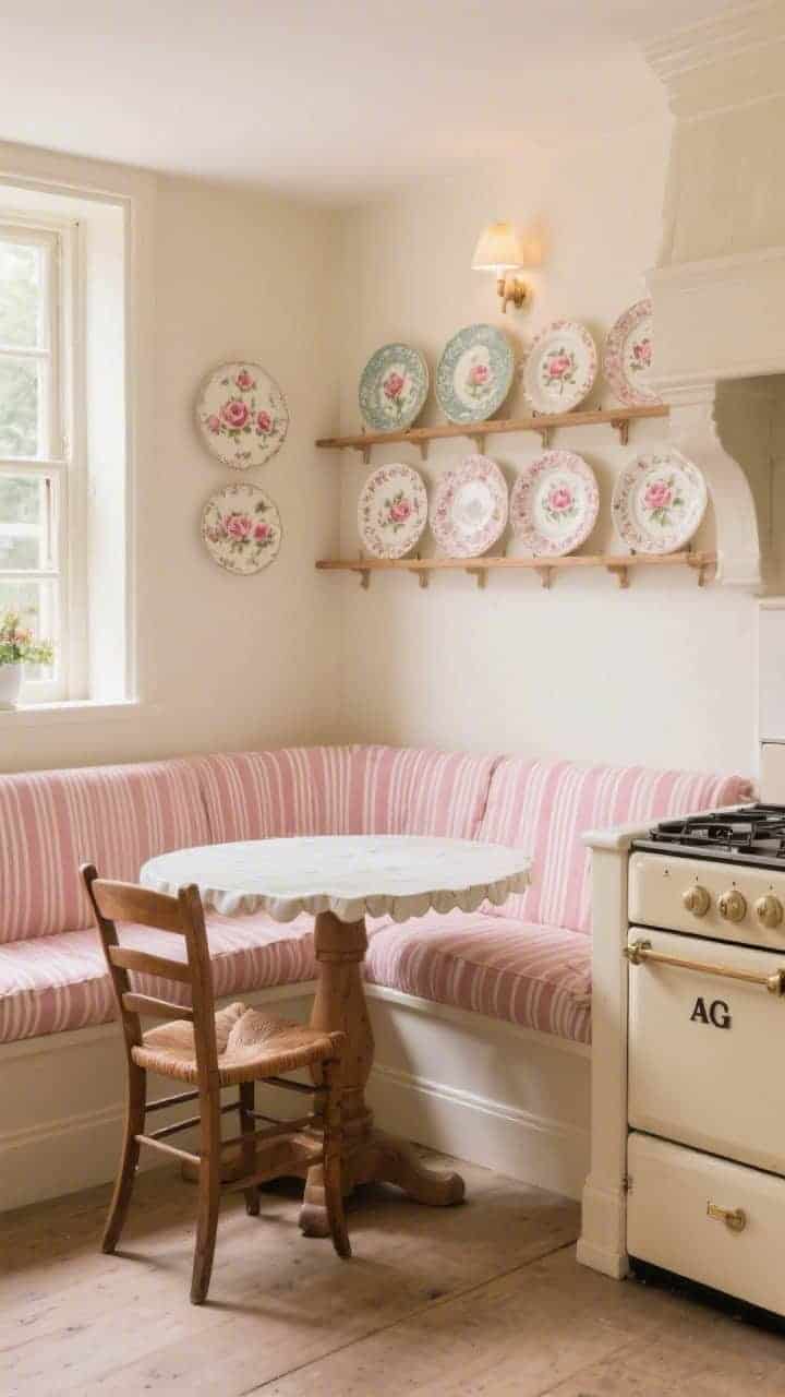 Cozy medium shot of a built-in banquette upholstered in rose-striped ticking wrapping a corner nook, with a scalloped-edge table and mismatched Windsor chairs. Adjacent cooking zone with a cream AGA and decorative plate rack above layered with rose-sprig plates. Palette of cream, dusty rose, soft oak, antique white; warm, storybook lighting; photorealistic.