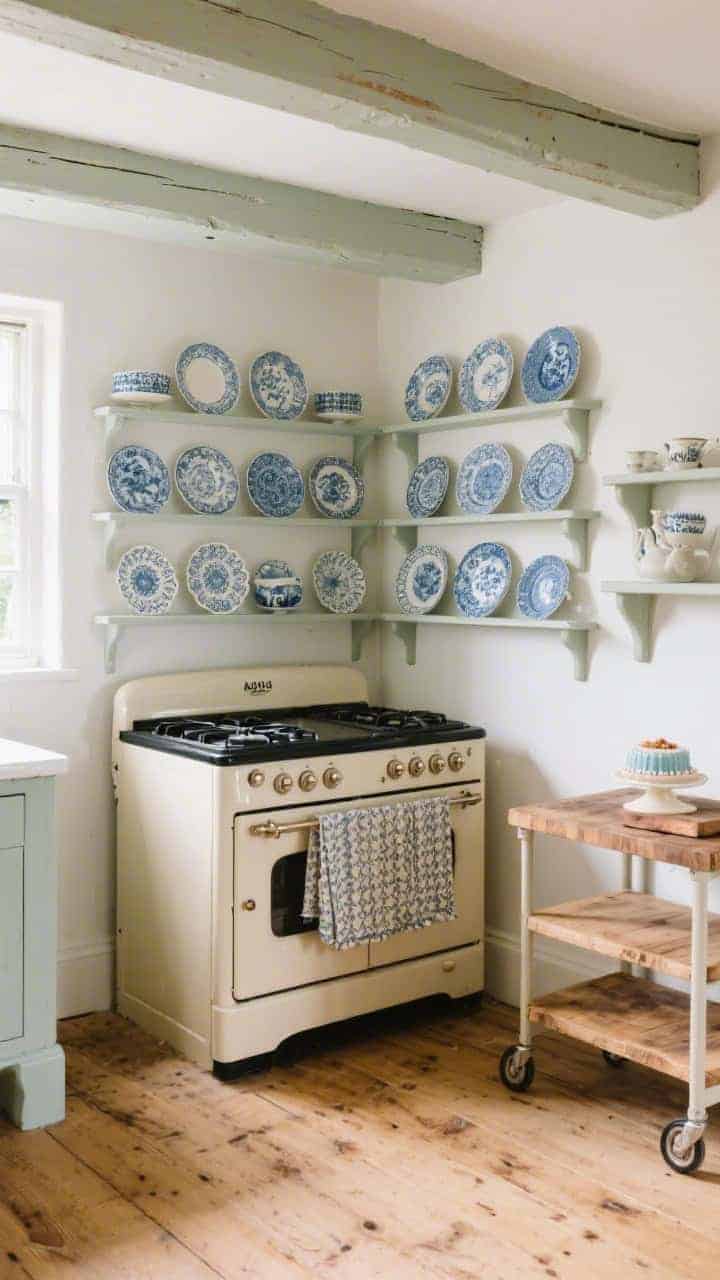 Detail closeup: A cream Aga range nestled in a snug nook, surrounded by open plate racks painted to match the soft white walls, neatly filled with blue willow dishes and scalloped cake stands; a butcher block-topped rolling cart nearby; limewashed ceiling beams with a sun-faded look; waxed wide-plank pine flooring; warming rail draped with patterned tea towels; gentle, cozy ambient light.