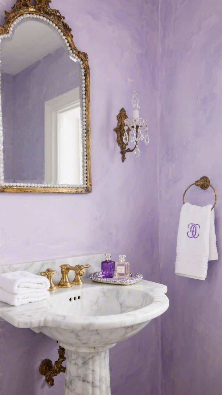 Detail closeup in a powder room: lavender Venetian plaster wall behind a petite marble pedestal sink with gilded details; arched antique mirror with beaded trim reflecting a crystal sconce; crisp white hand towels with a lavender monogram neatly folded; a petite amethyst tray holding perfume bottles; soft, glamorous sparkle.