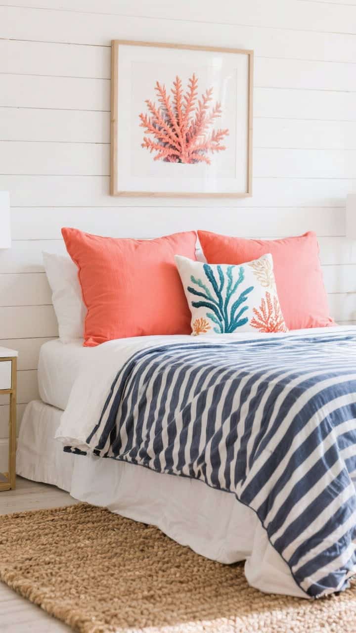 Detail closeup of coral pops: white horizontal plank wall backdrop; coral euro shams and a small printed lumbar pillow with reef motifs on navy pinstripe bedding; coral-framed artwork above; natural fiber rug texture at bottom edge; bright, cheerful lighting emphasizing color contrast.