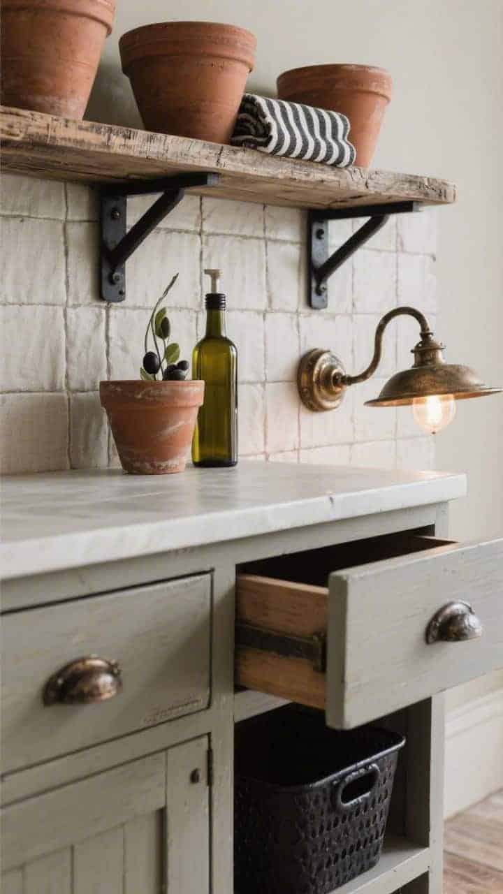 Detail closeup of moody cottage textures: greige cabinet drawer with black iron bin pull, nearby aged bronze sconce casting a warm glow over a linen-look peel-and-stick tile backsplash. Include a salvaged wood shelf with black brackets above, styled with terracotta pots, olive oil bottles, and charcoal-striped tea towels. Focus on patina, matte finishes, and tactile materials.